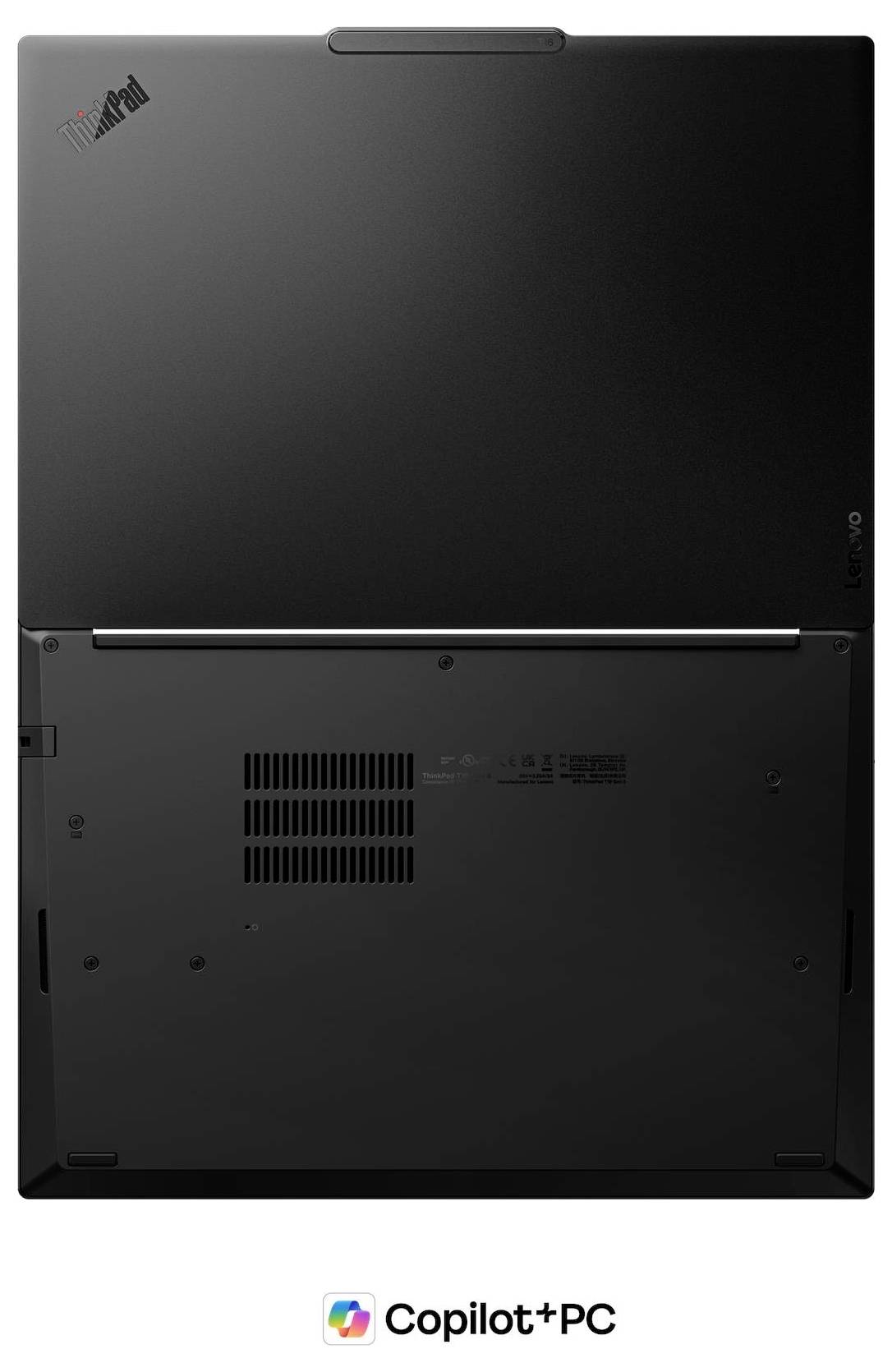 Draufsicht auf einen Lenovo ThinkPad-Laptop mit Windows auf dem Bildschirm, Tastatur und Trackpad sichtbar; Copilot+ PC und AMD-Logos darunter.