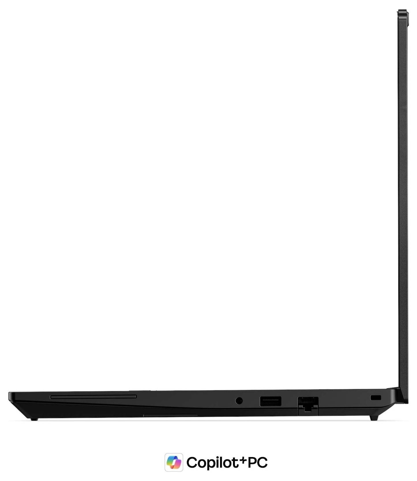 Seitenansicht eines geschlossenen schwarzen Laptops auf weißem Hintergrund mit dem Copilot+ PC-Logo darunter.