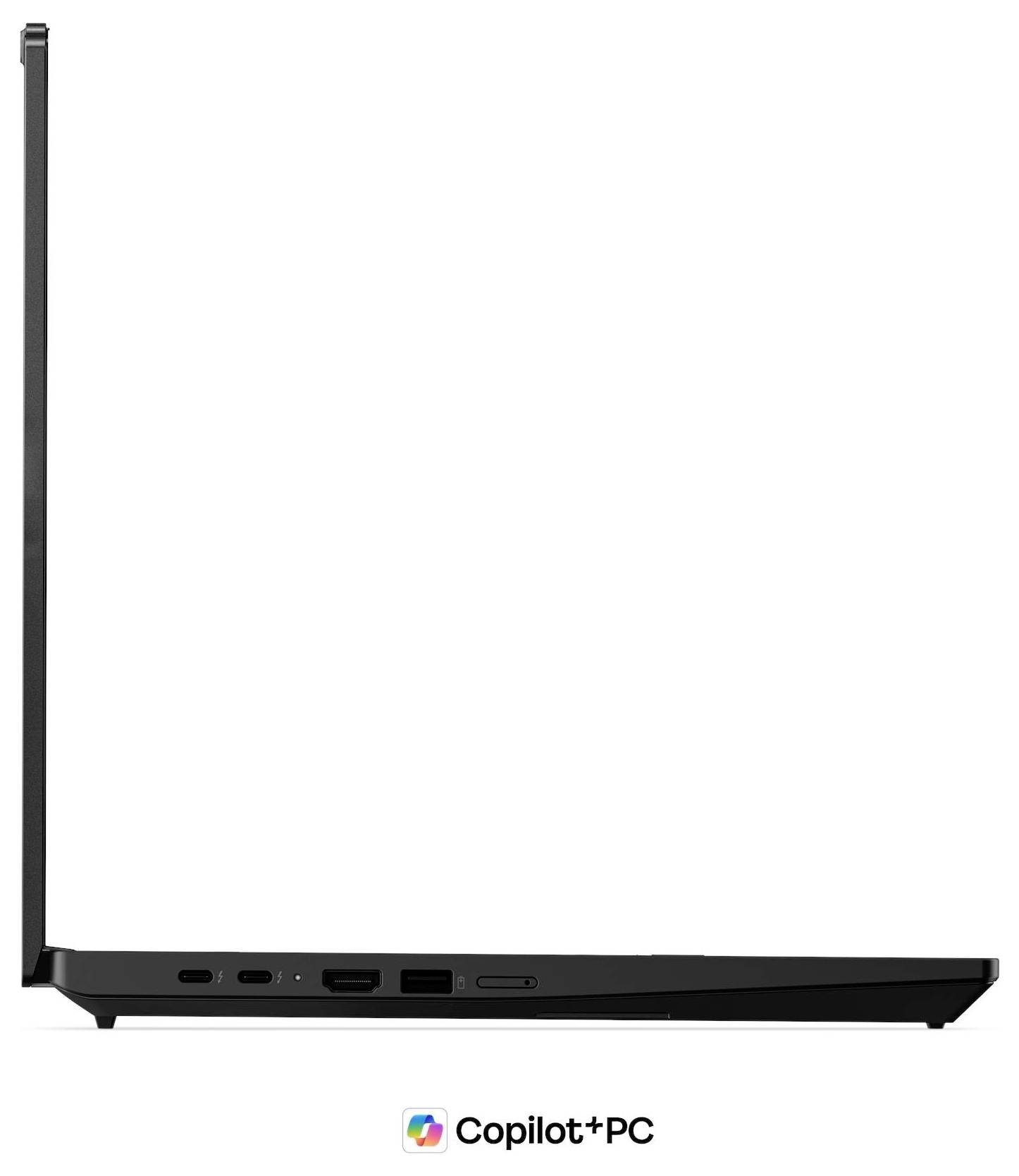 Seitenansicht eines schlanken schwarzen Laptops mit ausgefahrenem Bildschirmscharniere, dargestellt über dem Logo „Copilot+ PC