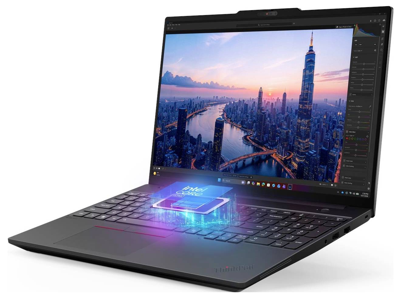 Schwarzer Lenovo-Laptop, der geöffnet mit Windows 11-ähnlichem, farbenfrohem abstraktem Hintergrundbild und 
