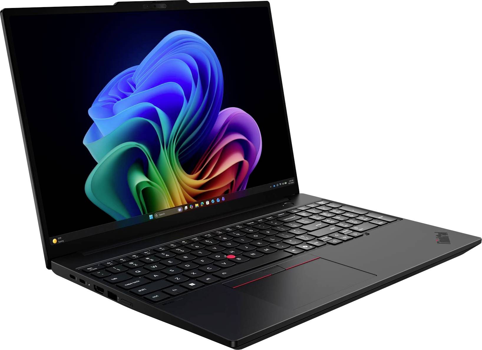 Schwarzer Lenovo ThinkPad-Laptop, der in einem Winkel geöffnet ist und ein buntes abstraktes Windows-ähnliches Hintergrundbild auf dem Bildschirm zeigt.