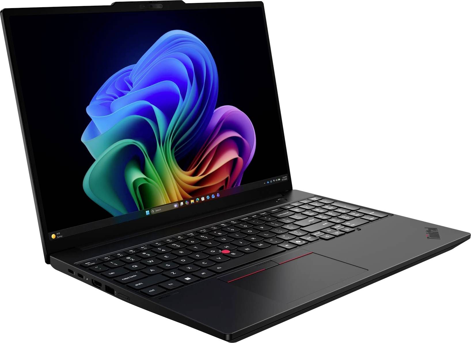 Ein schwarzer ThinkPad-Laptop, leicht geöffnet, zeigt eine farbenfrohe Windows 11-Hintergrund auf dem Bildschirm.