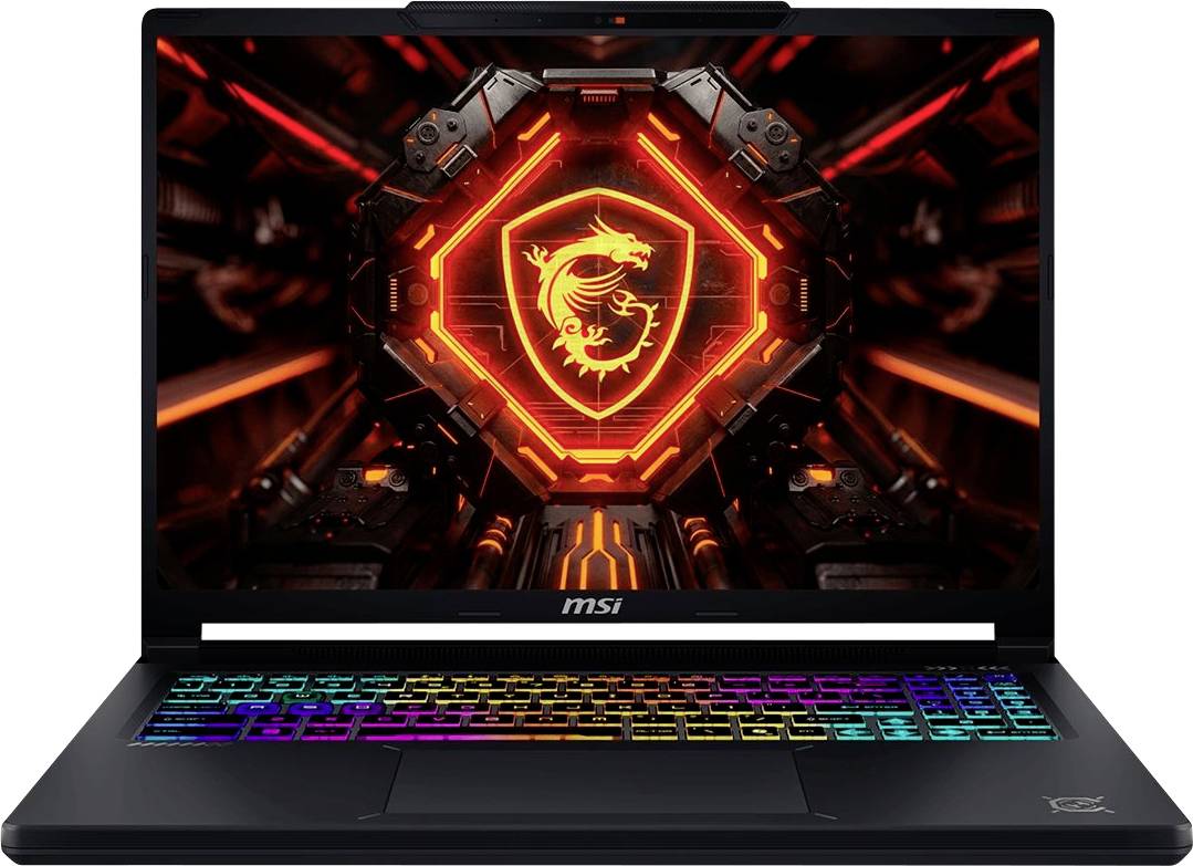 MSI Gaming-Laptop offen, zeigt ein leuchtendes rotes Drachenschild auf dem Bildschirm und eine regenbogenfarbig hinterleuchtete Tastatur.