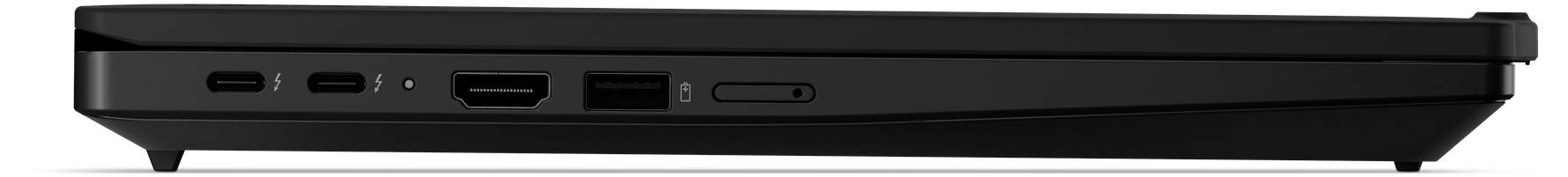 Seitenansicht eines schwarzen Laptops mit der linken Kante, auf der ein USB-C-Anschluss, ein HDMI-Anschluss, ein USB-A-Anschluss und ein Stromschalter zu sehen sind.