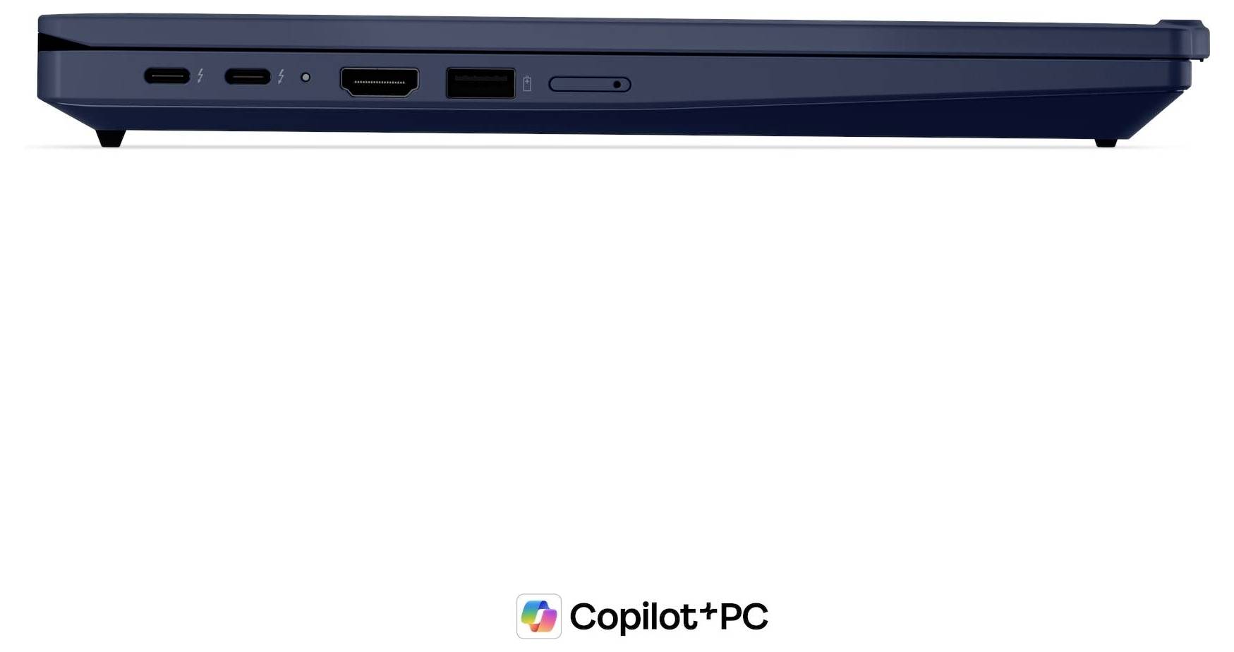 Seitenansicht eines schlanken blauen Laptops mit mehreren Anschlüssen und 'Copilot+PC'-Branding darunter.