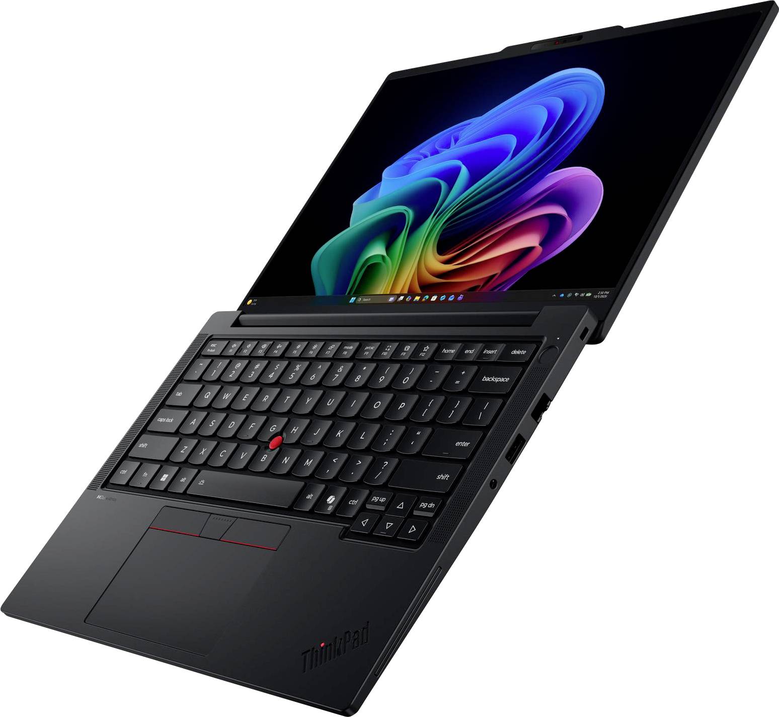 Schwarzes Lenovo ThinkPad Laptop, das in einem Winkel offen ist, mit einem bunten abstrakten Hintergrundbild auf dem Bildschirm und einer vollständigen Tastatur mit rotem TrackPoint.