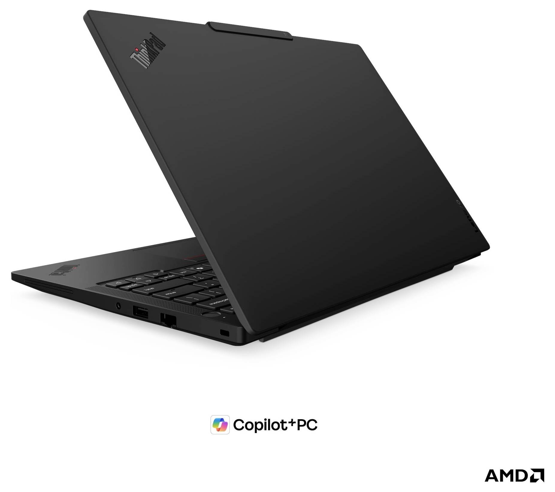 Seitenansicht eines dünnen schwarzen Laptops mit vertikal geöffnetem Bildschirm und dem Logo 