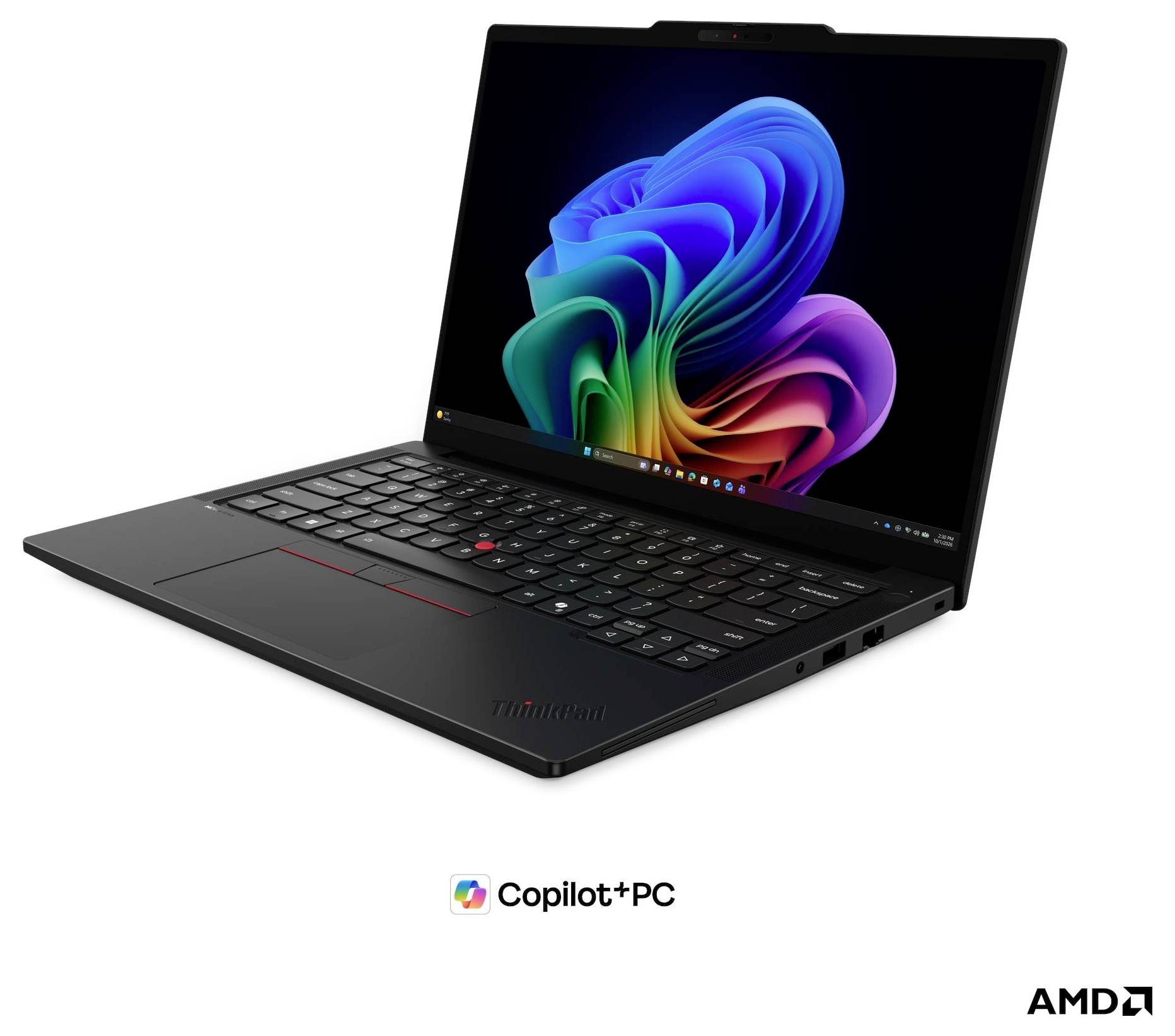 Schwarzer Lenovo ThinkPad-Laptop, in einem Winkel geöffnet, zeigt ein farbenfrohe Windows-ähnliche abstrakte Tapete, mit Copilot+ PC und AMD-Logos darunter.
