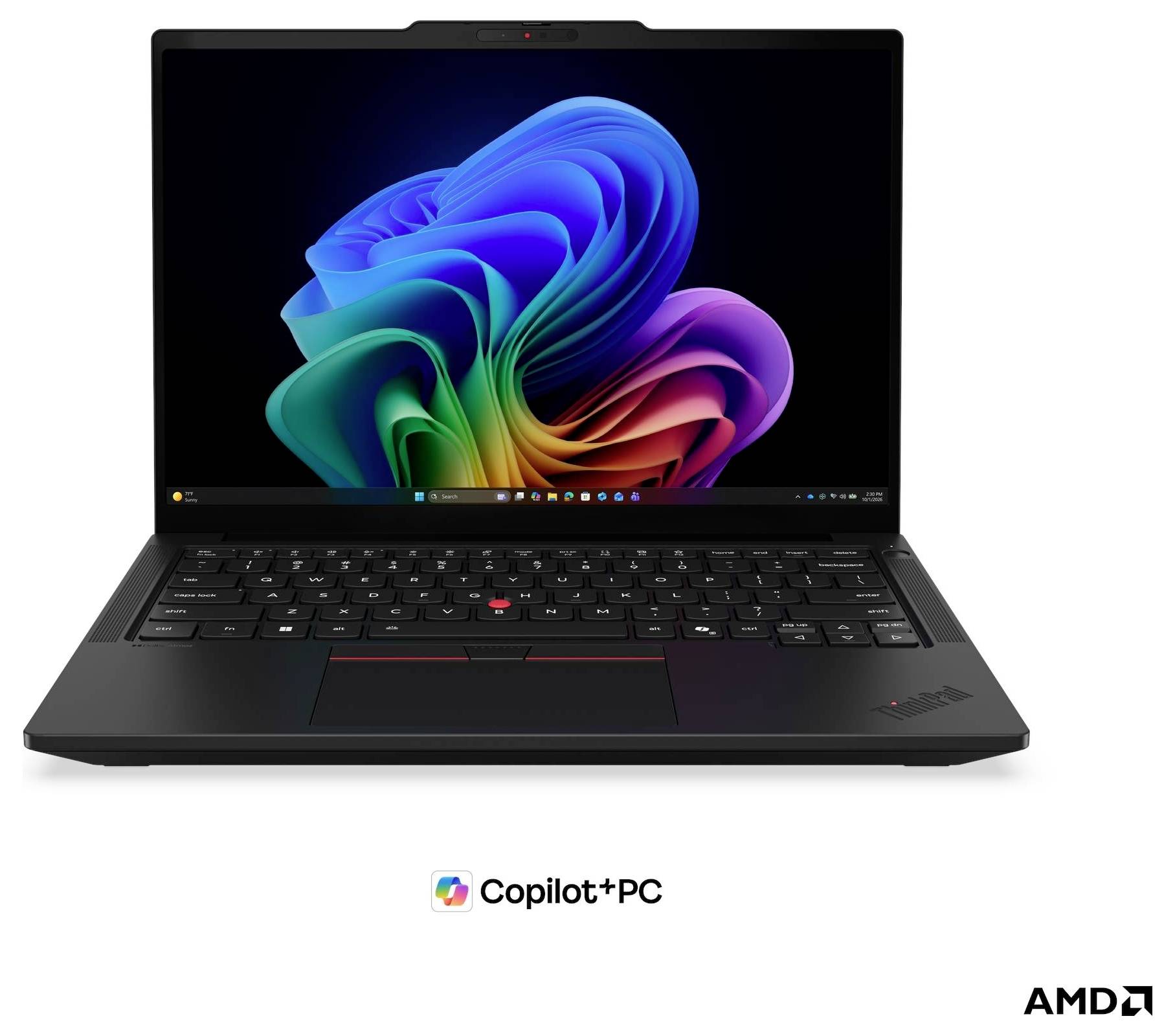 Vorderansicht eines schwarzen Lenovo ThinkPad-Laptops mit farbenfrohem Windows-Desktop, mit „Copilot+ PC