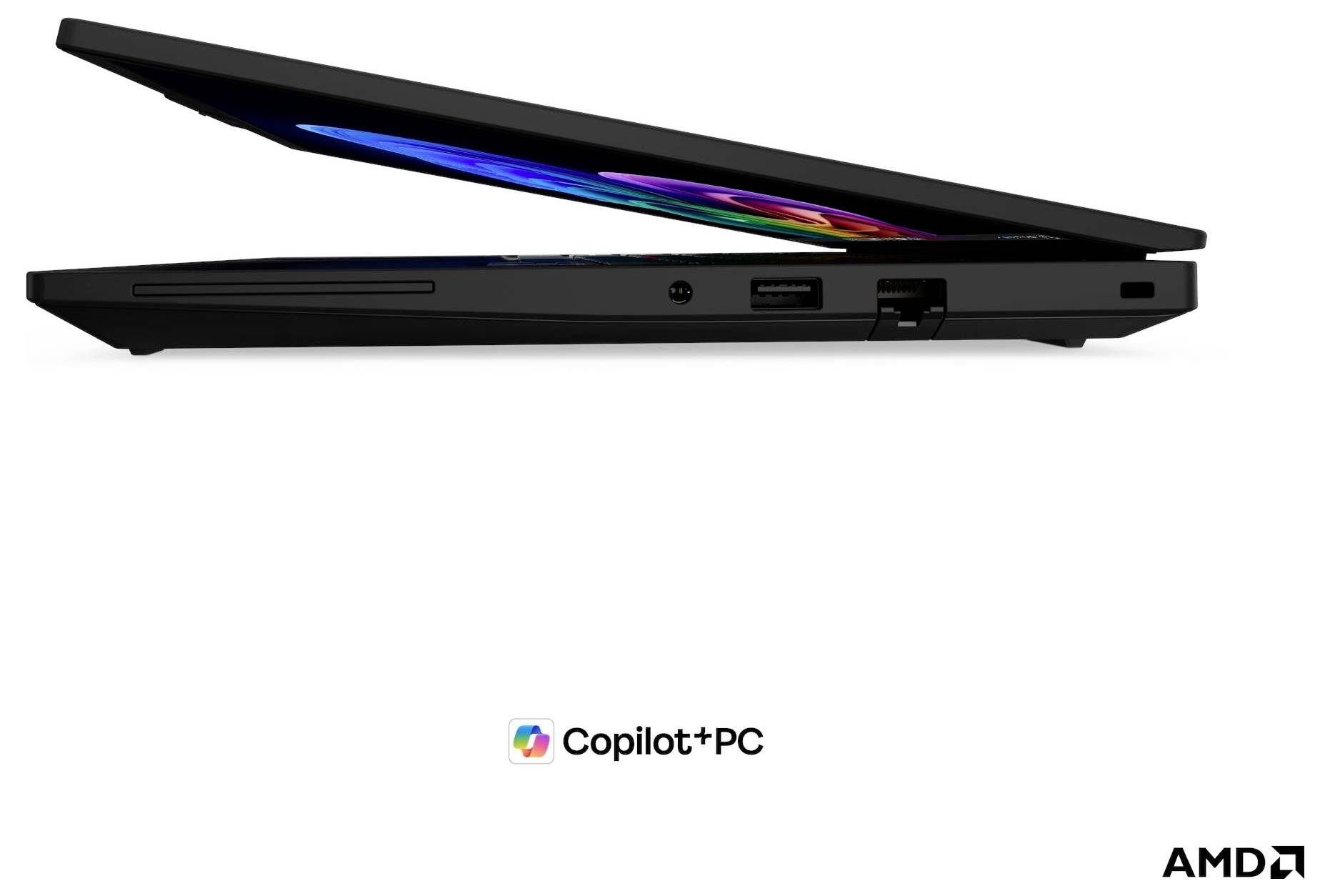 Seitenansicht eines schlanken schwarzen Laptops, teilweise geöffnet, zeigt Bildschirmkante und Anschlüsse, mit 