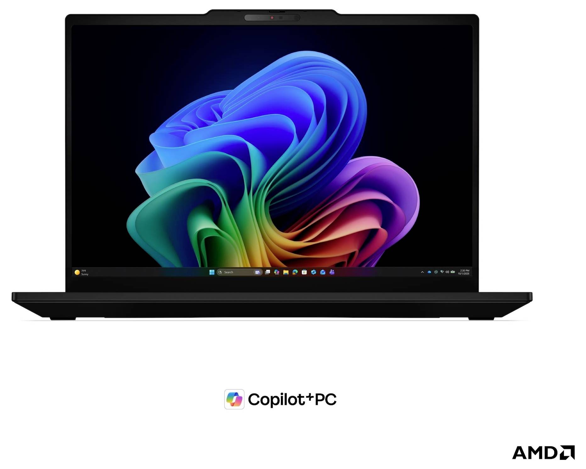 Ein Laptop, auf dem eine farbenfrohe, Windows-ähnliche abstrakte Tapete angezeigt wird, mit 