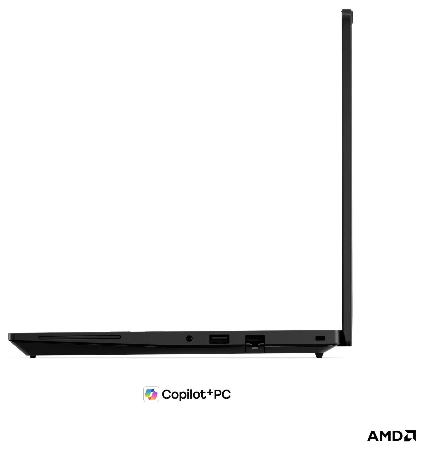 Seitenansicht eines schwarzen Copilot+ PC-Laptops, geöffnet mit dem Bildschirm aufrecht und AMD-Logo darunter auf weißem Hintergrund.