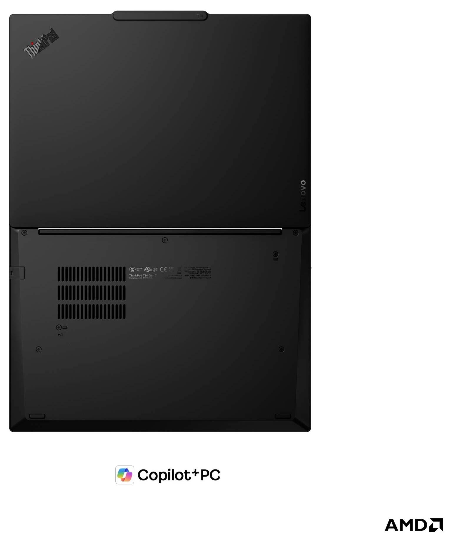 Rückansicht eines schwarzen Lenovo ThinkPad-Laptops mit Copilot+ PC- und AMD-Logos auf weißem Hintergrund.