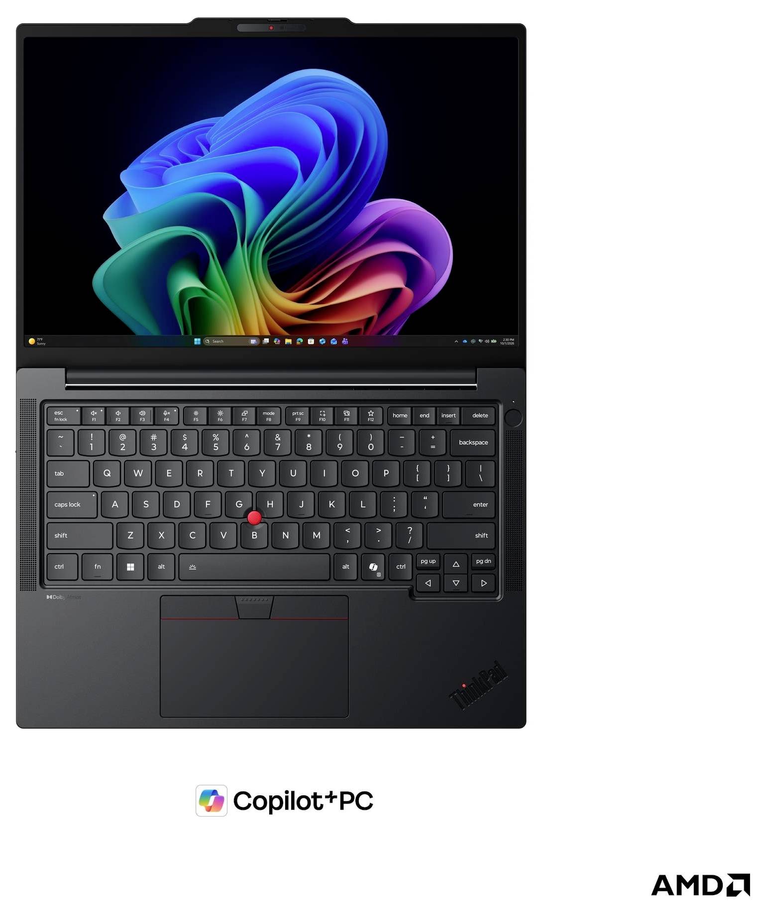 Schwarzer Lenovo ThinkPad-Laptop, aufgeklappt, mit farbenfrohem Windows-ähnlichem Hintergrundbild auf dem Bildschirm, mit Tastatur, Trackpad und 'Copilot+PC' und AMD-Branding darunter.