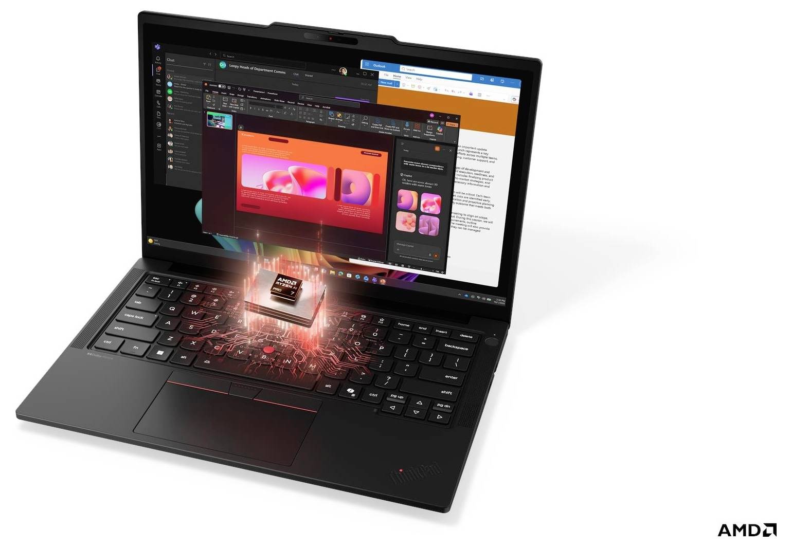 Ein schwarzer Laptop zeigt Kreativsoftware an, mit einem leuchtenden AMD-Prozessor, der über der Tastatur schwebt und schnelle Leistung suggeriert.