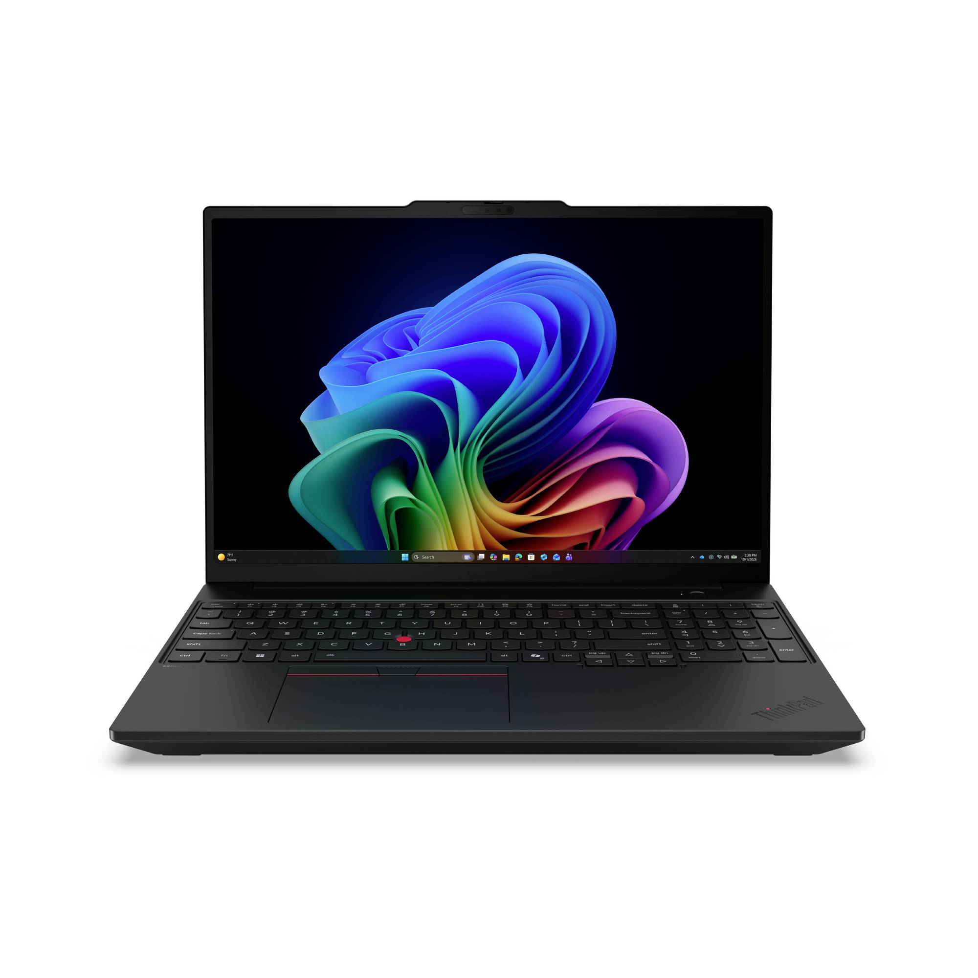 Schwarzer Laptop auf weißem Hintergrund offen, der auf dem Bildschirm eine farbenfrohe abstrakte Wirbel-Tapete zeigt.