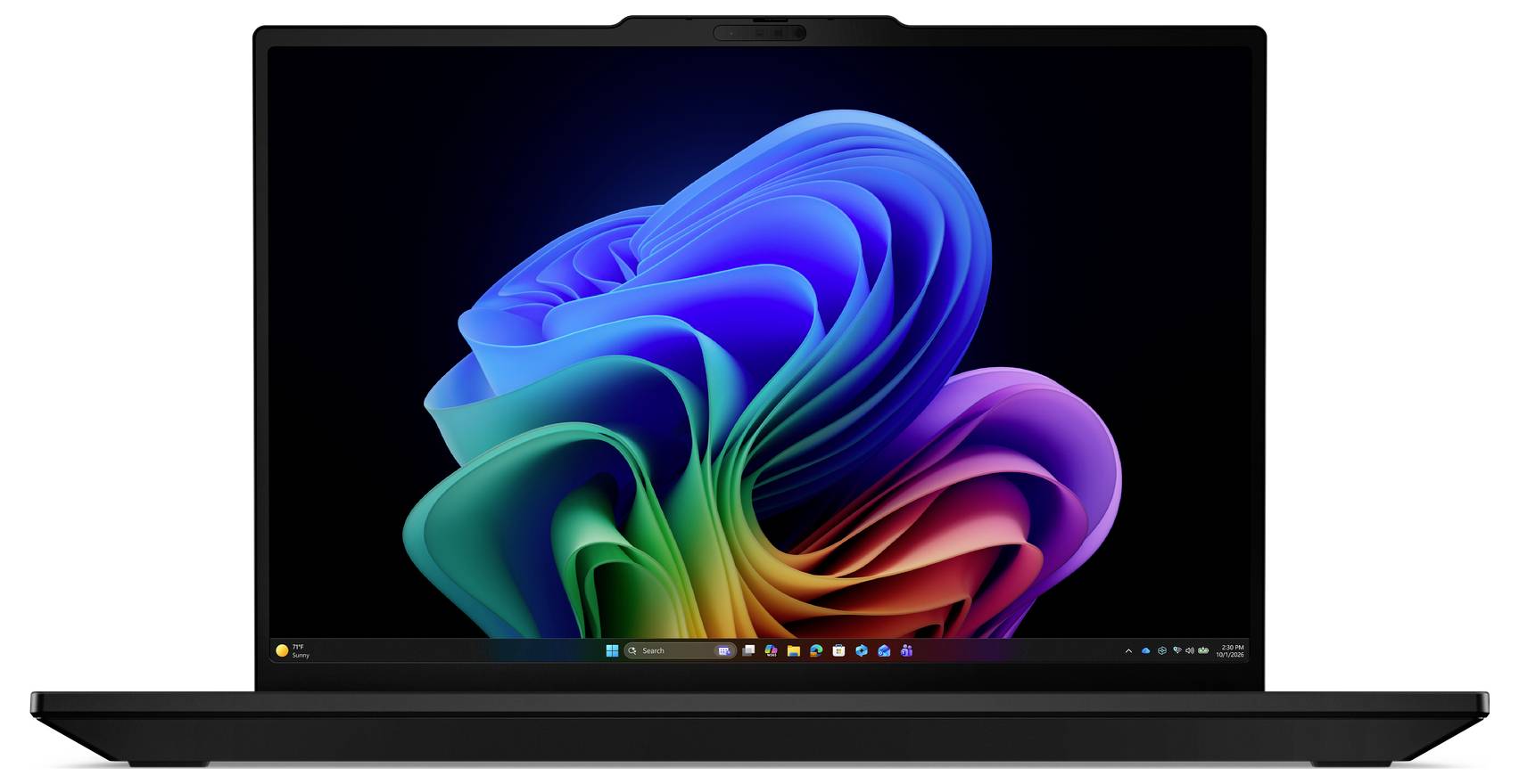 Ein schwarzer Laptop, auf dessen Bildschirm die standardmäßige abstrakte Hintergrundbildschirm von Windows 11 mit blauen, grünen und rosa Wirbeln angezeigt wird.