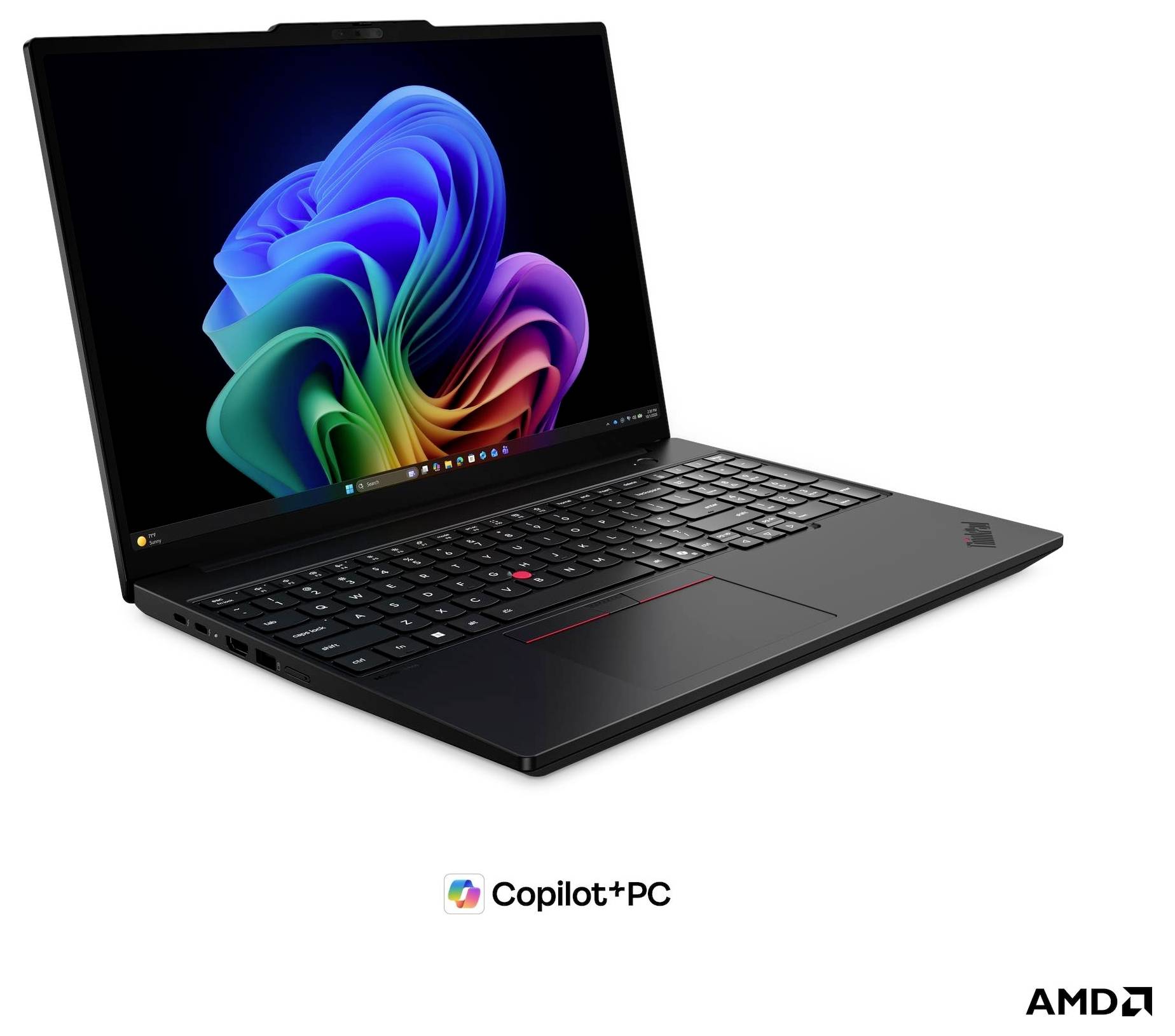 Lenovo ThinkPad Laptop zeigt Windows 11 Hintergrundbild an, mit „Copilot+PC" und AMD Logos darunter.
