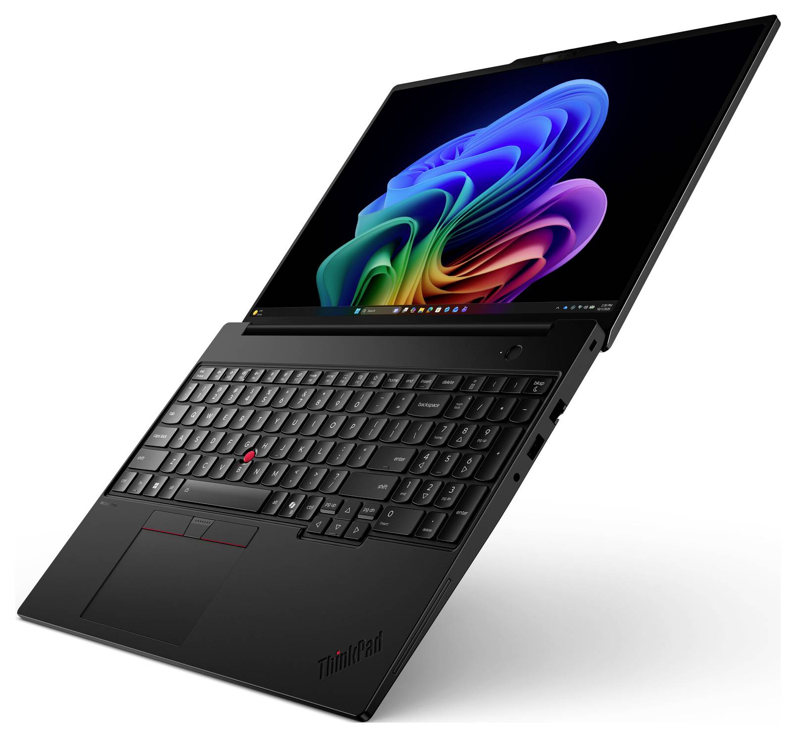 Schwarzer ThinkPad-Laptop, geöffnet in einem Winkel dargestellt, mit Bildschirm, der ein farbenfröhliches abstraktes Hintergrundbild anzeigt, und sichtbarer Tastatur sowie Trackpad.