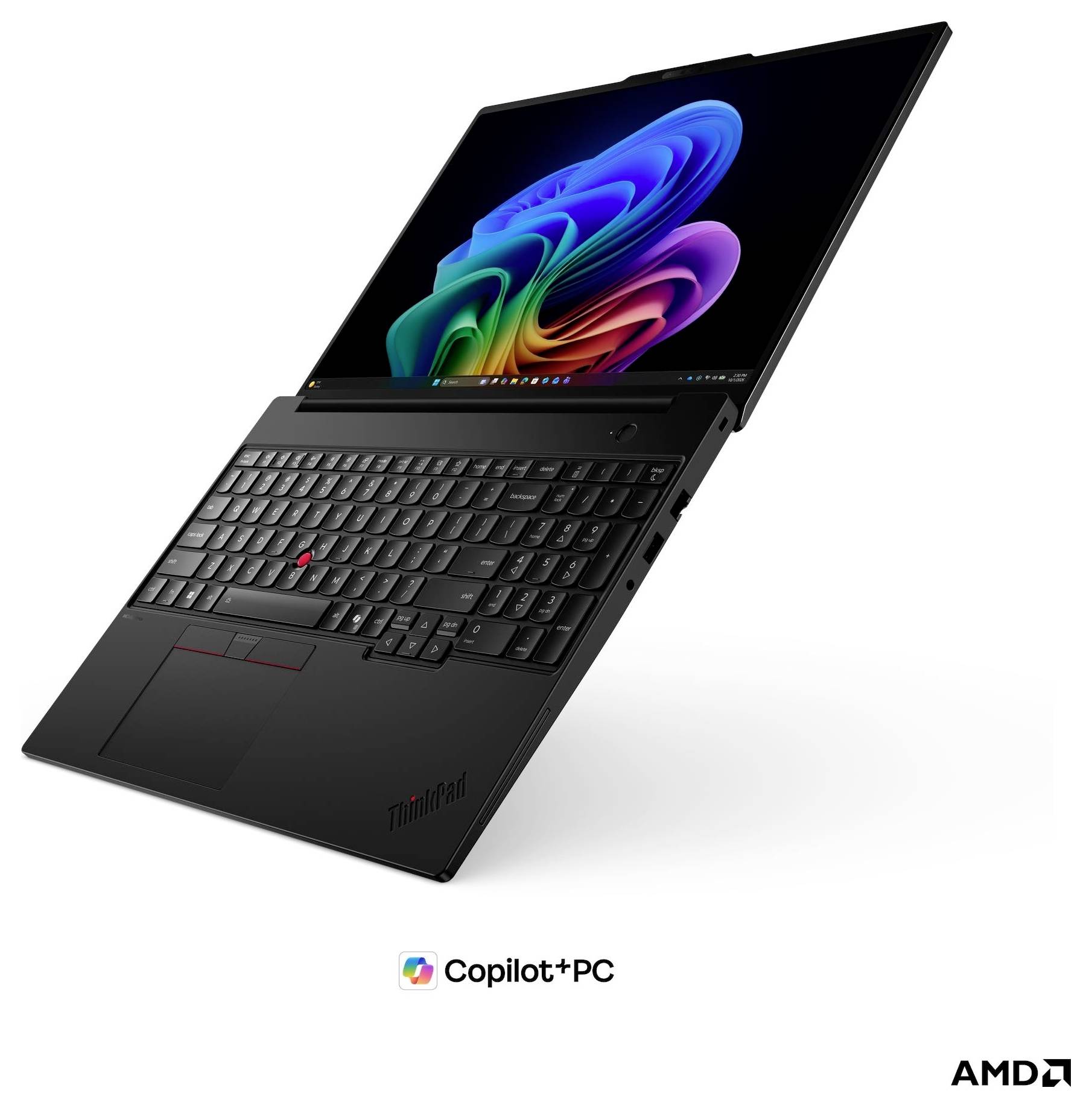 Lenovo ThinkPad Laptop im geöffneten Zustand unter einem Winkel dargestellt mit farbenfrohem abstraktem Bildschirm, sichtbarer Tastatur und Trackpad, gekennzeichnet mit „Copilot+PC" und AMD.