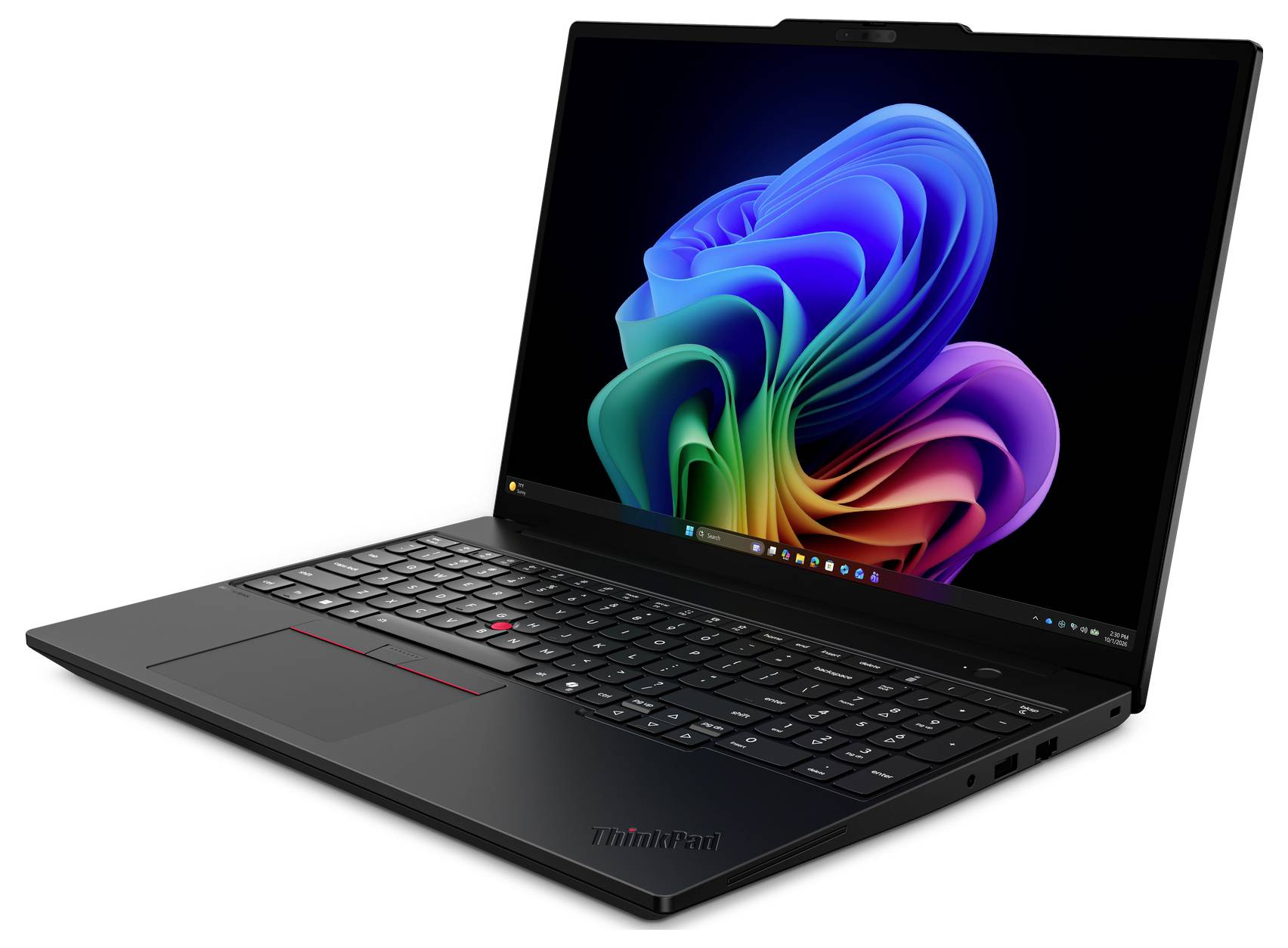 Schwarzer Lenovo ThinkPad Laptop in schräger Position geöffnet, auf dem Bildschirm ein bunter abstrakter Windows-Desktop.