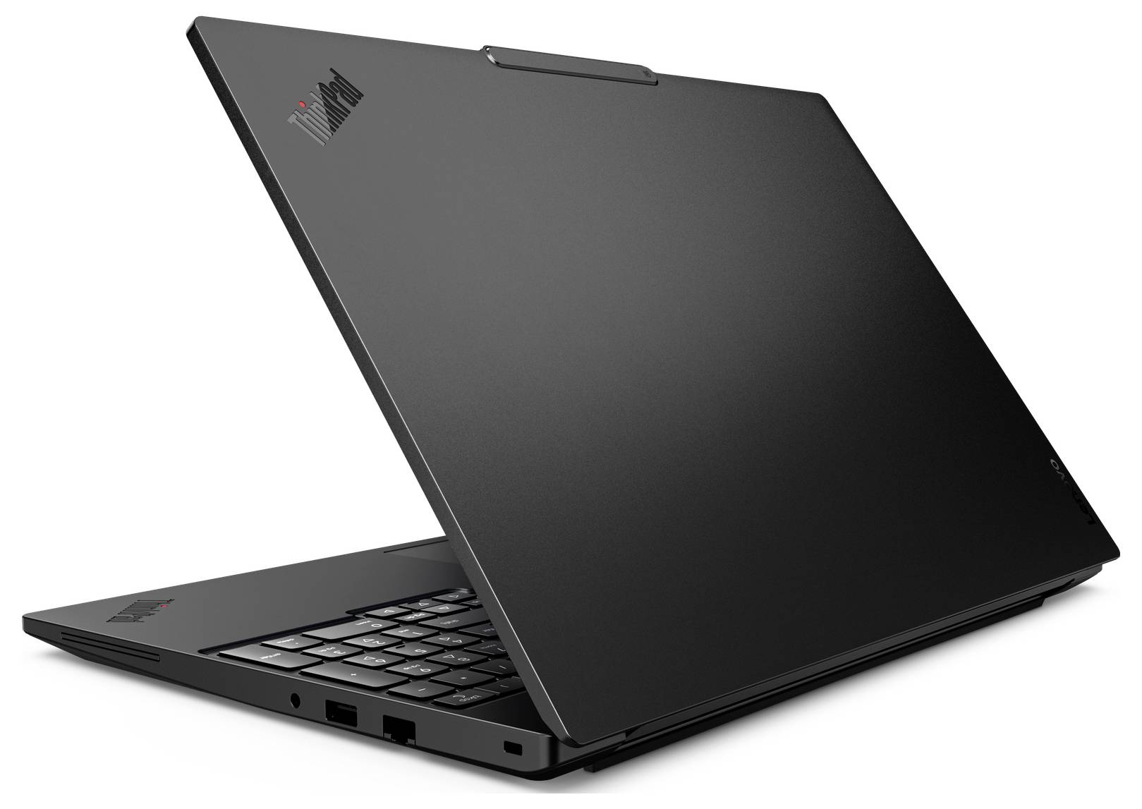 Geschlossenes schwarzes Laptop in schräger Perspektive gezeigt, mit teilweise sichtbarer Tastatur und Deckel, der den größten Teil des Bildschirms abdeckt.