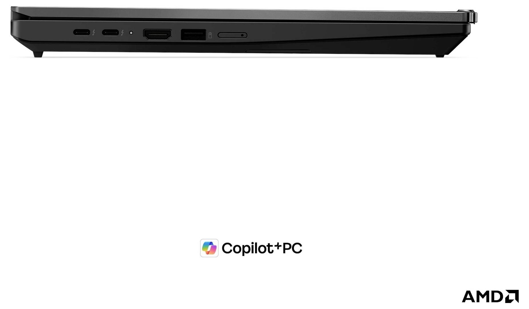 Seitenansicht eines schwarzen Laptops über dem Logo „Copilot+PC", mit „AMD"-Branding in der unteren rechten Ecke auf weißem Hintergrund.