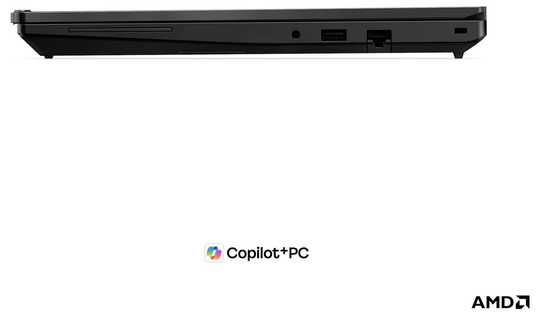 Seitenansicht eines schwarzen Laptops über dem Copilot+PC-Logo, mit AMD-Branding in der unteren rechten Ecke.