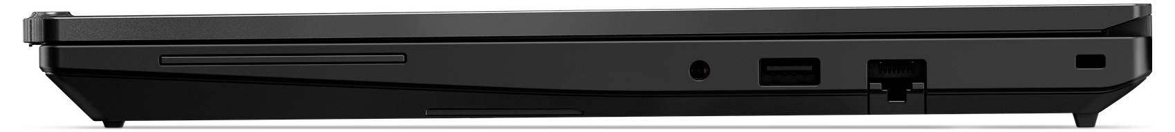 Seitenansicht eines geschlossenen schwarzen Laptops, die die Vorderkante mit Anschlüssen und Anzeigelichtern zeigt.