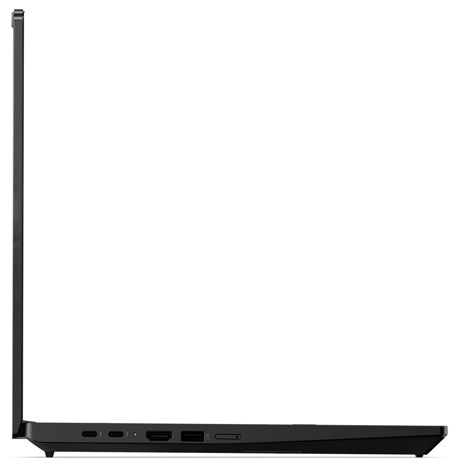 Schlanker schwarzer Laptop in Seitenansicht mit geöffnetem Deckel, der das dünne Profil, das Scharnier und die seitlichen Anschlüsse hervorhebt.
