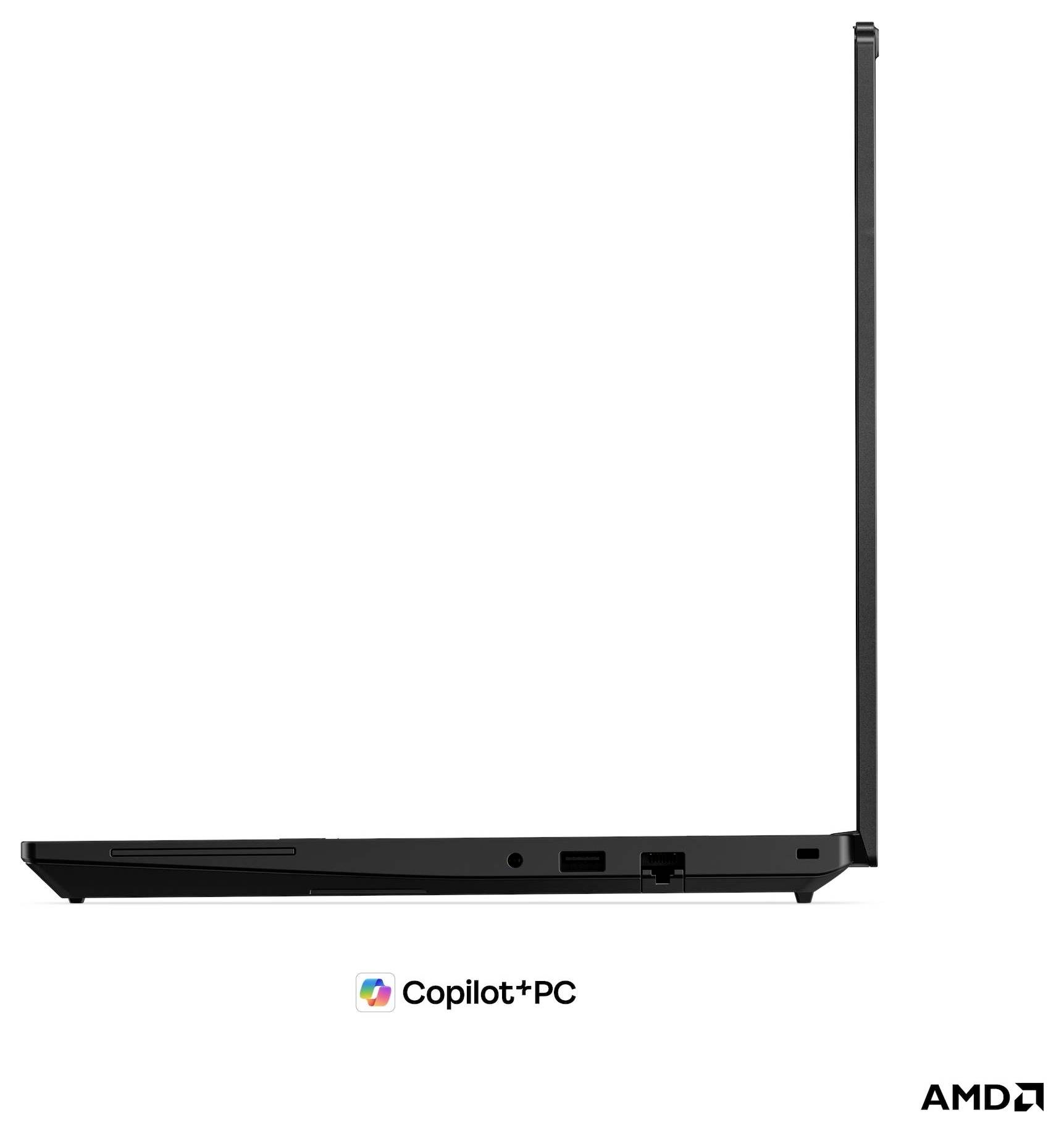 Schwarzer Copilot+ PC-Laptop in Seitenansicht mit vertikale geöffnetem Deckel und AMD-Logo darunter auf weißem Hintergrund.