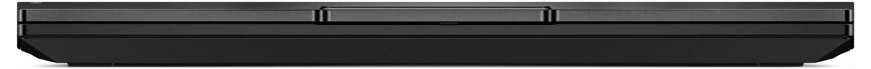 Seitenansicht eines geschlossenen schwarzen Laptops, horizontal vor weißem Hintergrund dargestellt.
