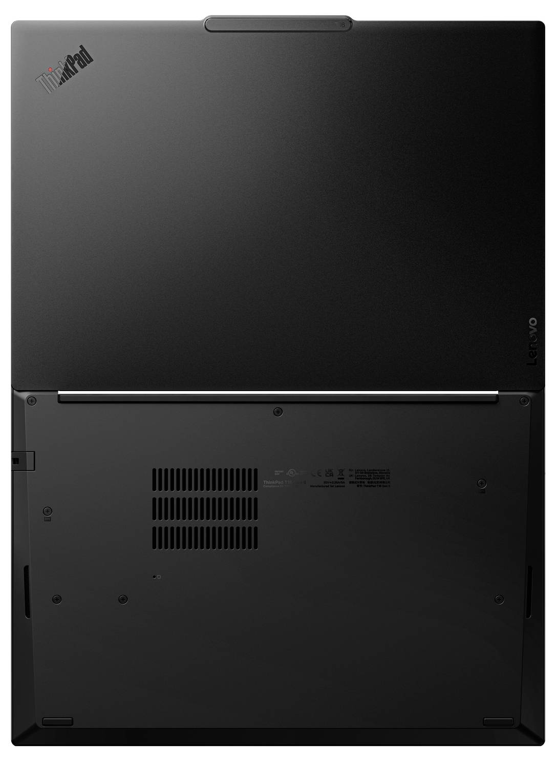 Unteransicht eines Lenovo ThinkPad Laptops, die die Unterseite des Gehäuses, Lüftungsschlitze, Schrauben und den Scharnier bereich zeigt.