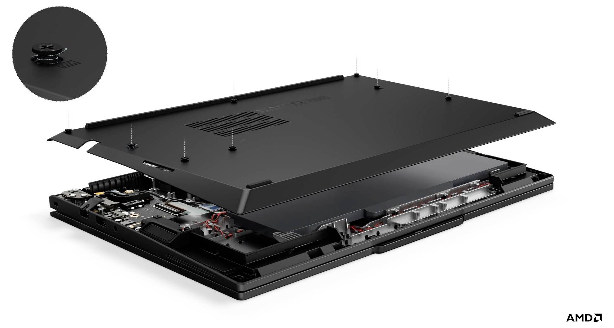 Explodierte Ansicht eines schlanken Laptops mit angehobenem Bodendeckel und internen Komponenten, mit einem AMD-Logo in der Ecke.