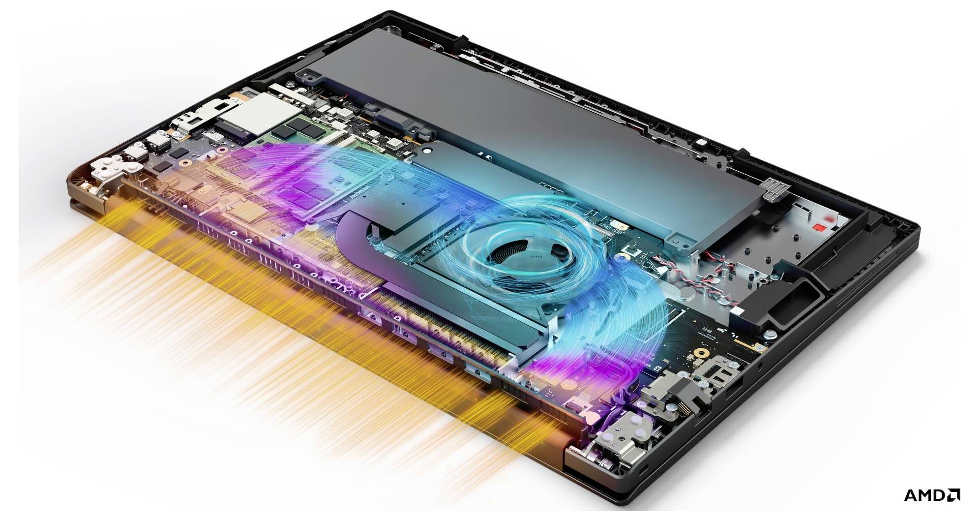 Schnittdarstellung eines dünnen Laptops, das ein internes Kühlsystem mit bunten Luftstrom- oder Wärmeableitungsgrafiken und AMD-Logo zeigt.