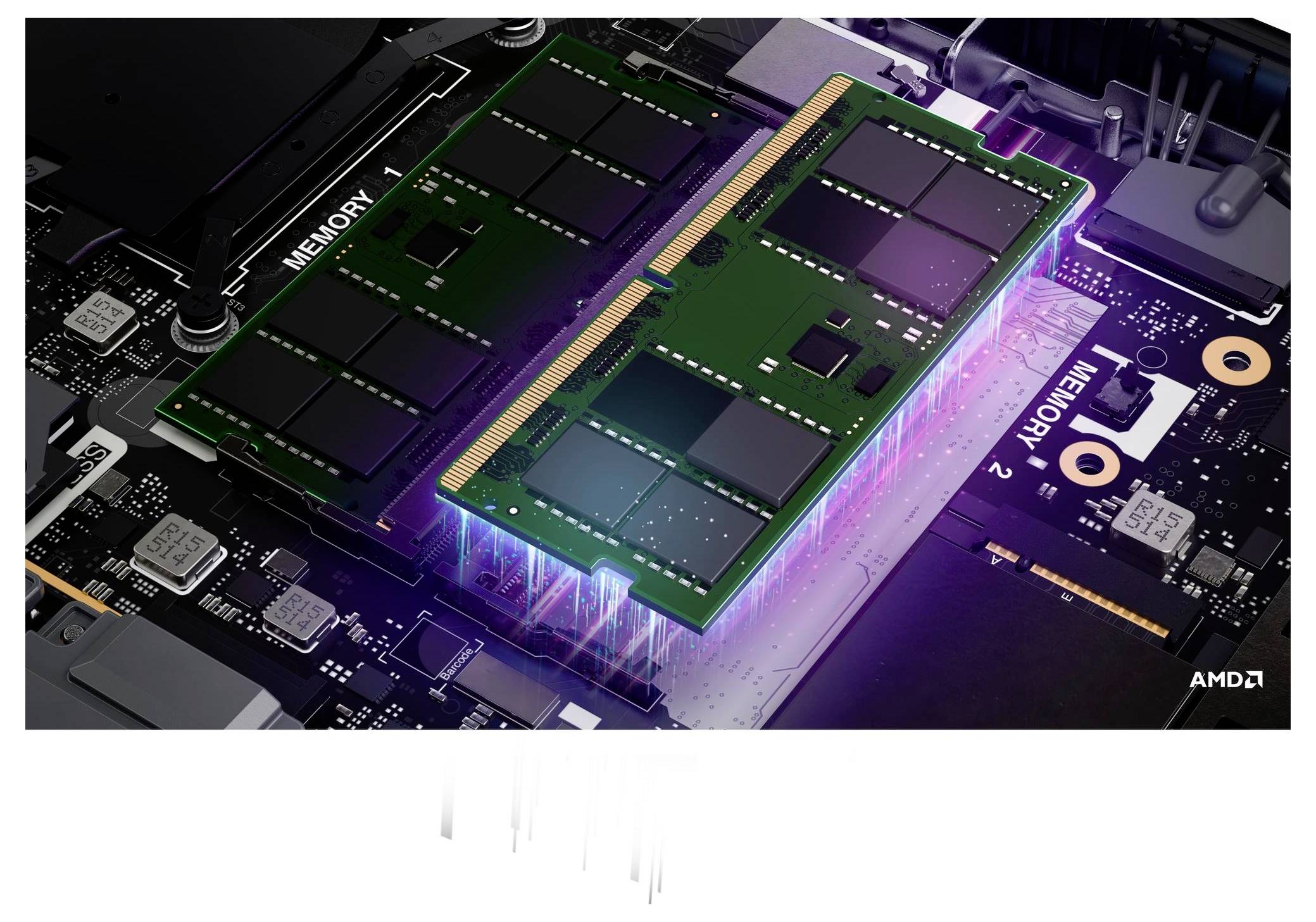 Oberkante eines schwarzen Laptops auf weißem Hintergrund mit 'Copilot+PC' in der Mitte und dem AMD-Logo unten rechts.
