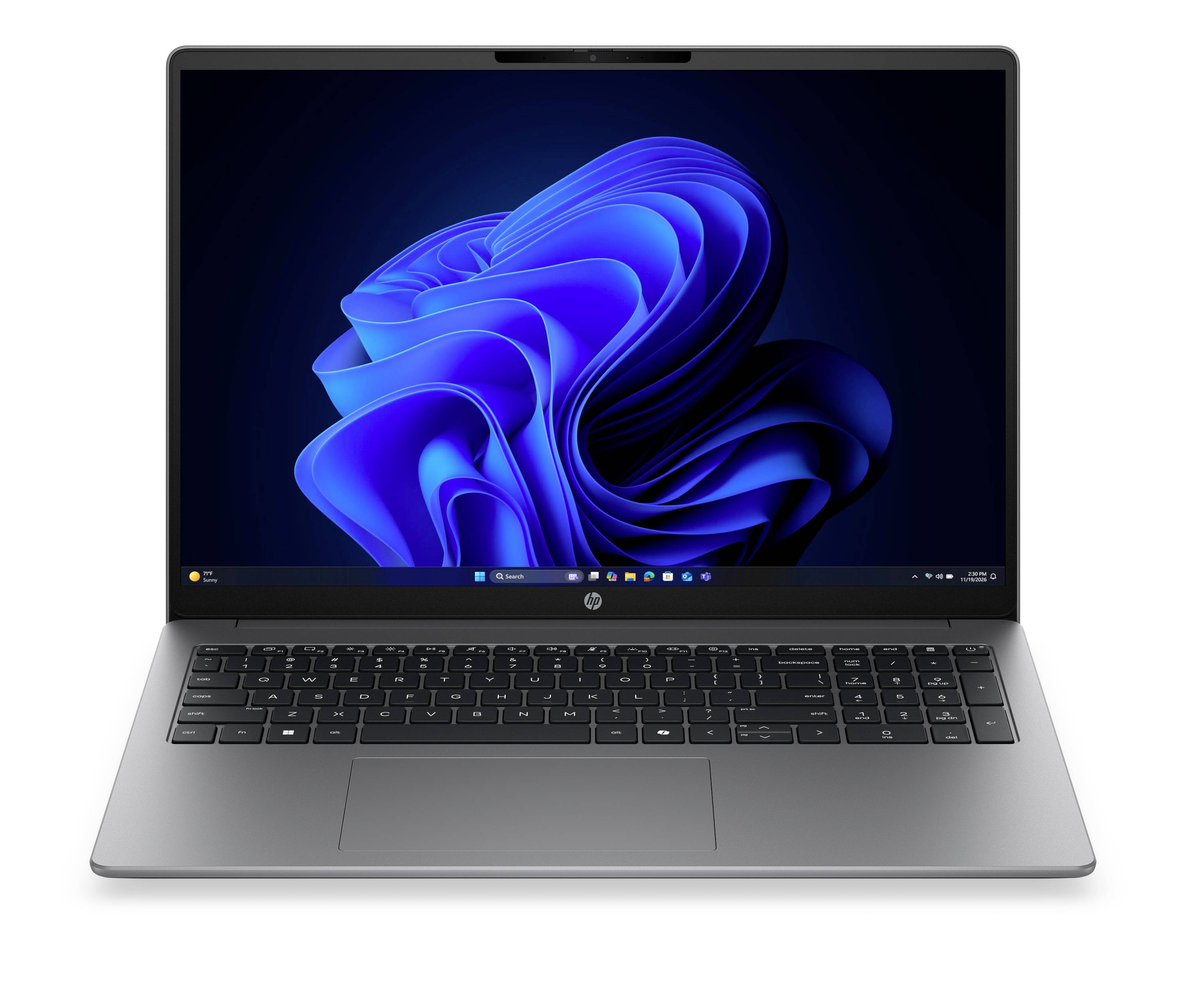 Vorderansicht eines silbernen Laptops mit Windows-Desktop, blauem abstraktem Hintergrundbild und sichtbarer Tastatur/Touchpad.