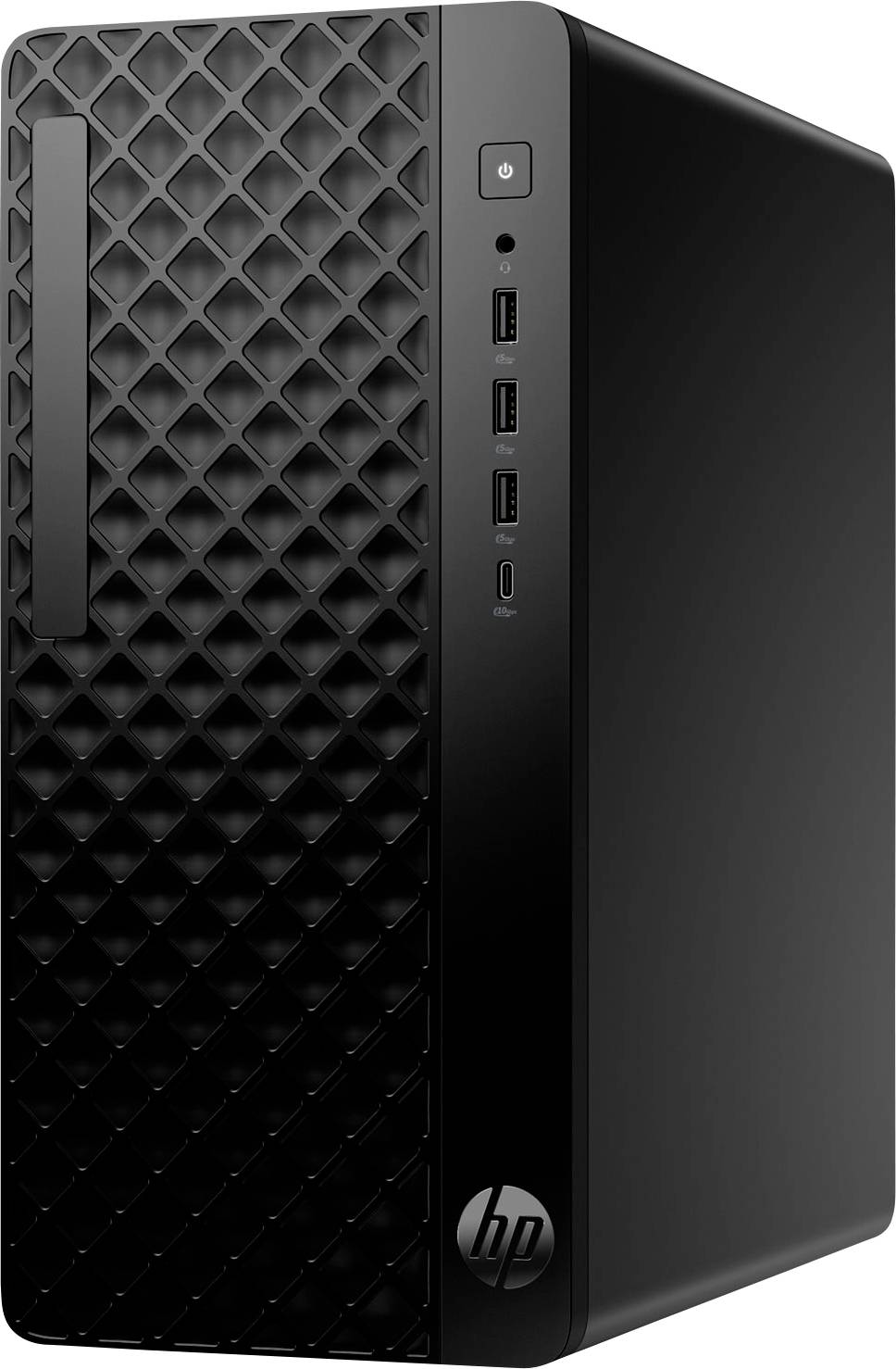 Schwarzer HP-Desktop-Turmcomputer mit strukturierter Frontplatte, Netzschalter und vorderen USB-Anschlüssen
