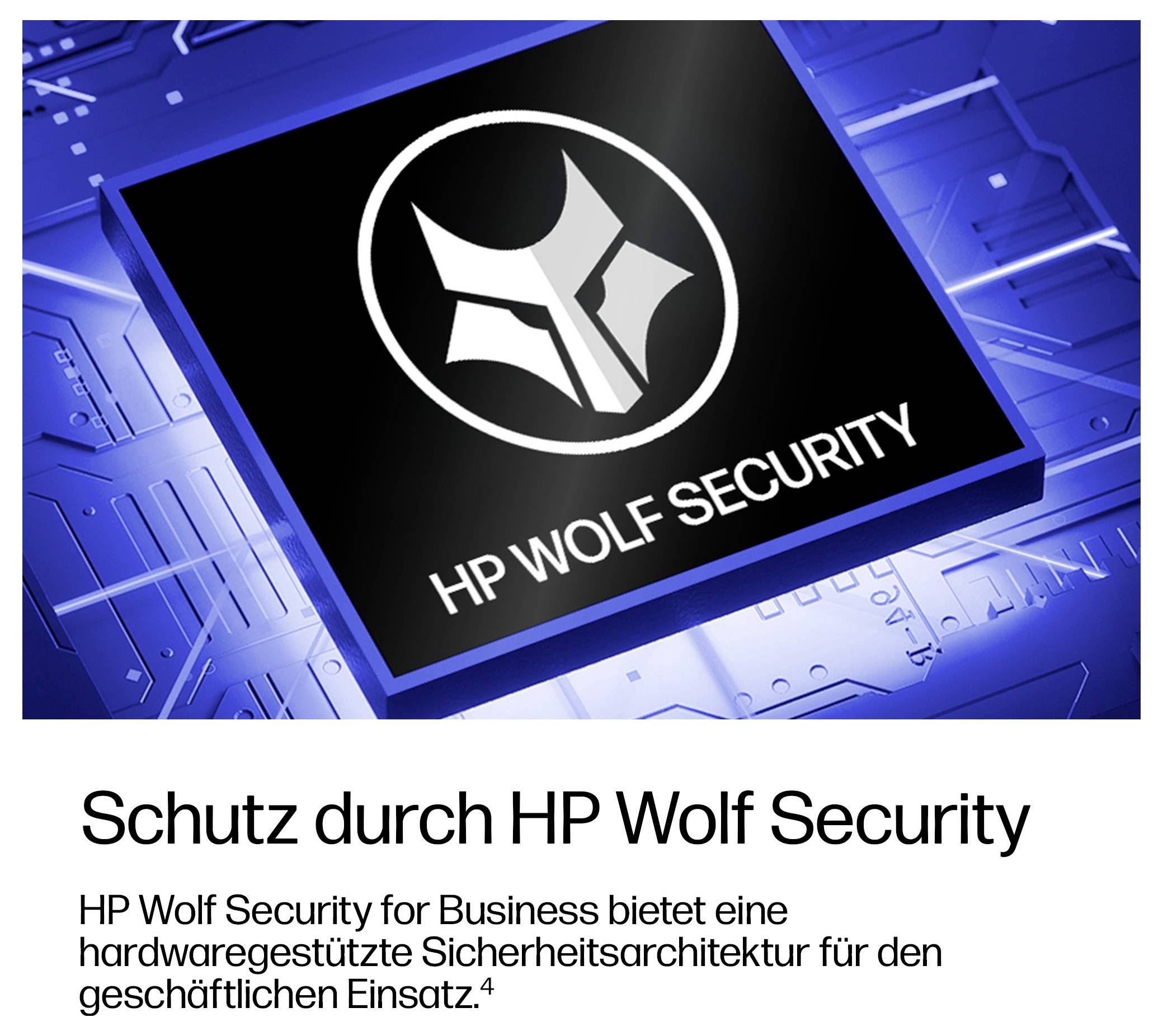 HP Wolf Security Logo auf blauem Leiterplatten-Hintergrund mit deutschem Text: „Schutz durch HP Wolf Security