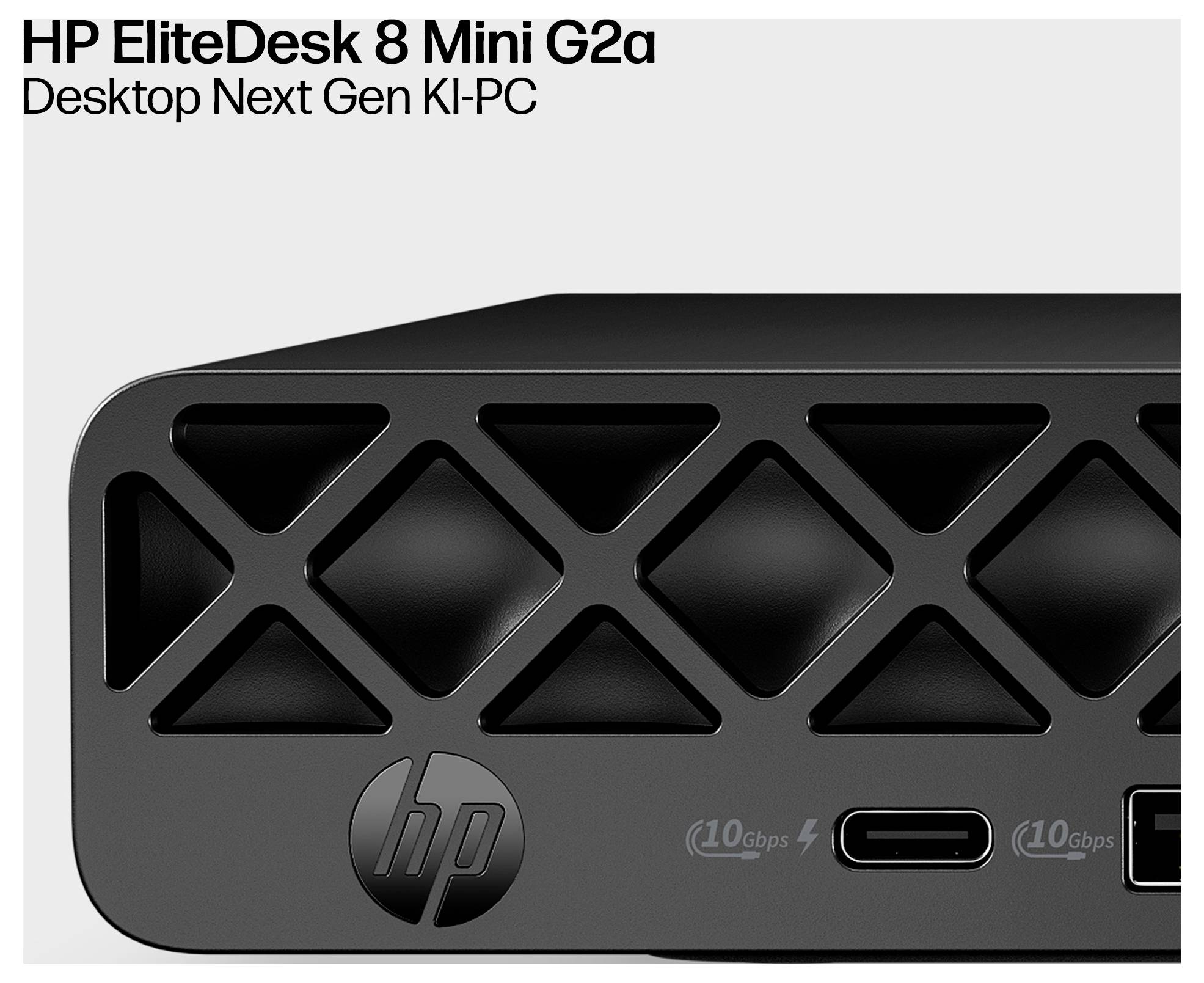 HP EliteDesk 8 Mini G2a Desktop-Mini-PC in Nahaufnahme, wobei das vordere Gitter, das HP-Logo und die USB-C-Anschlüsse mit „10 Gbps