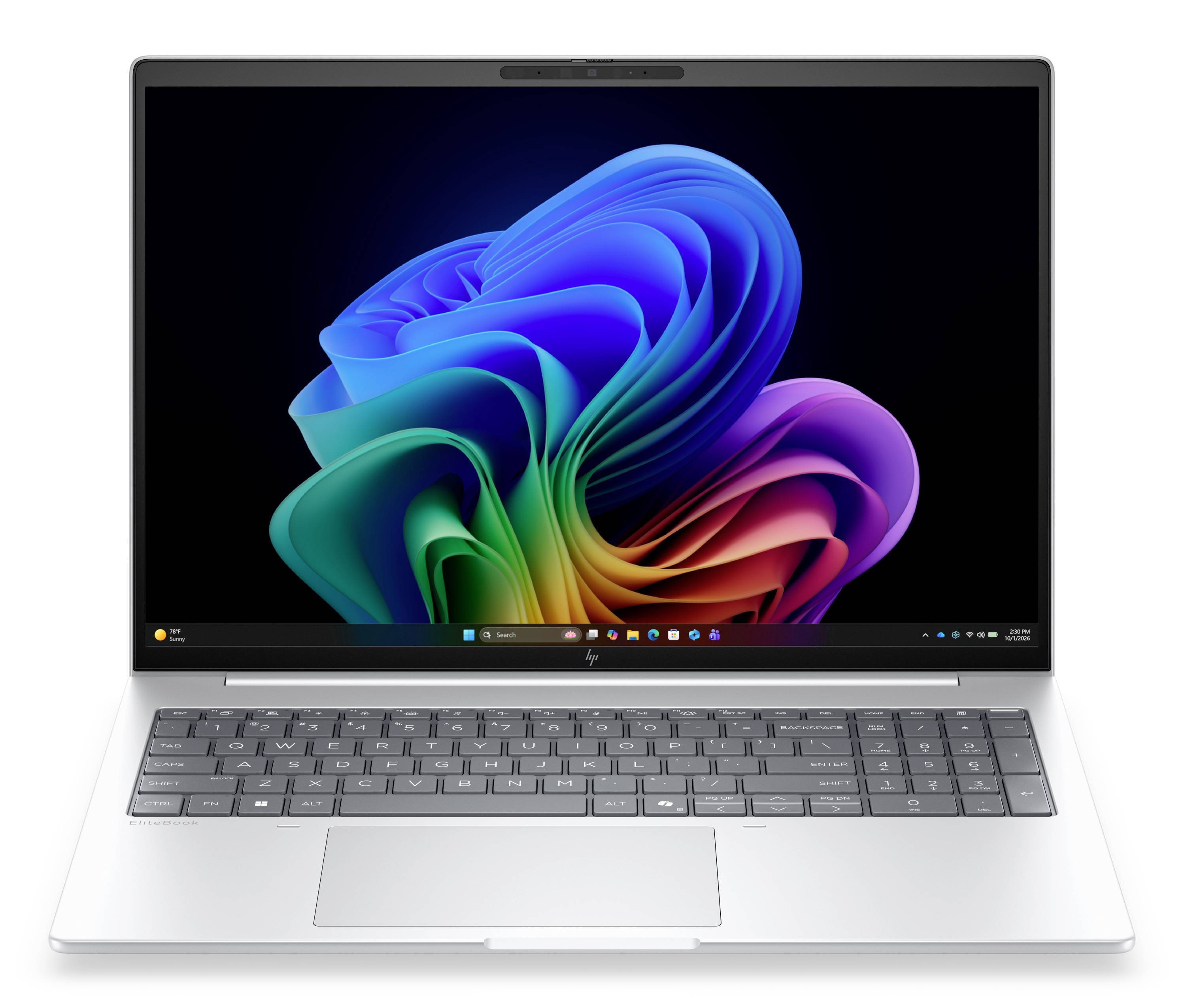 Silberner Laptop mit Windows-Desktop-Hintergrund, Tastatur, Trackpad und zentrierter Bildschirmanzeige.