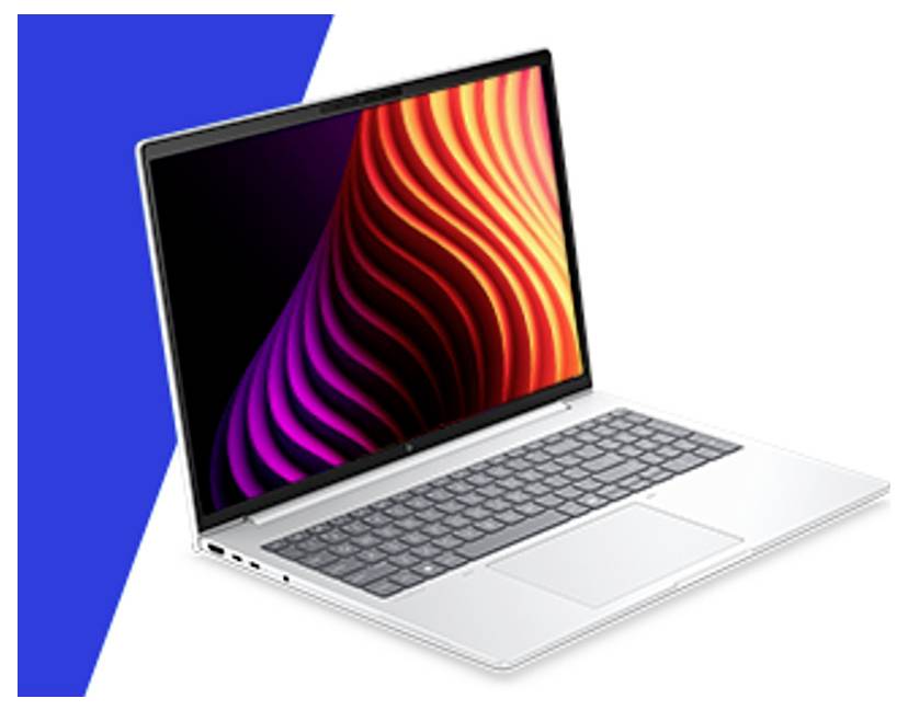 Silberner Laptop mit einem farbenfrohen abstrakten Wellen-Hintergrundbild auf dem Bildschirm, in einem Winkel vor einem blau-weißen Hintergrund dargestellt.