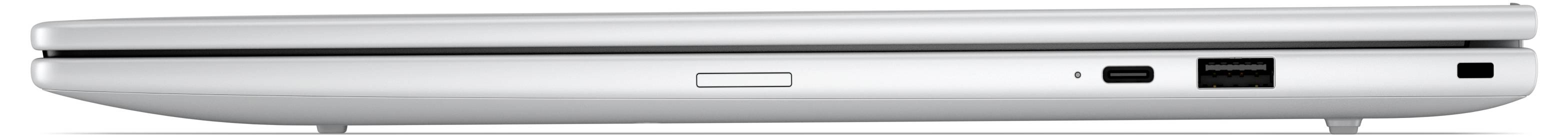 Seitenansicht eines geschlossenen silbernen Laptops, die die Vorderkante mit einem Stromanschluss und einem USB-C-Anschluss auf der rechten Seite zeigt.