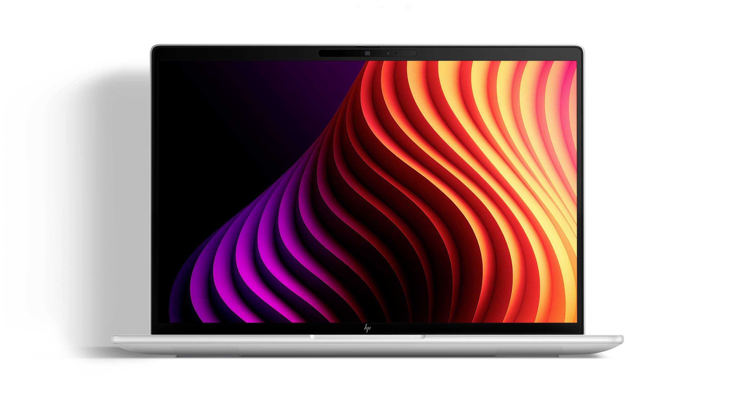 Silberner Laptop mit abstraktem rot-, orange- und violettem Wellenmuster auf dem Bildschirm