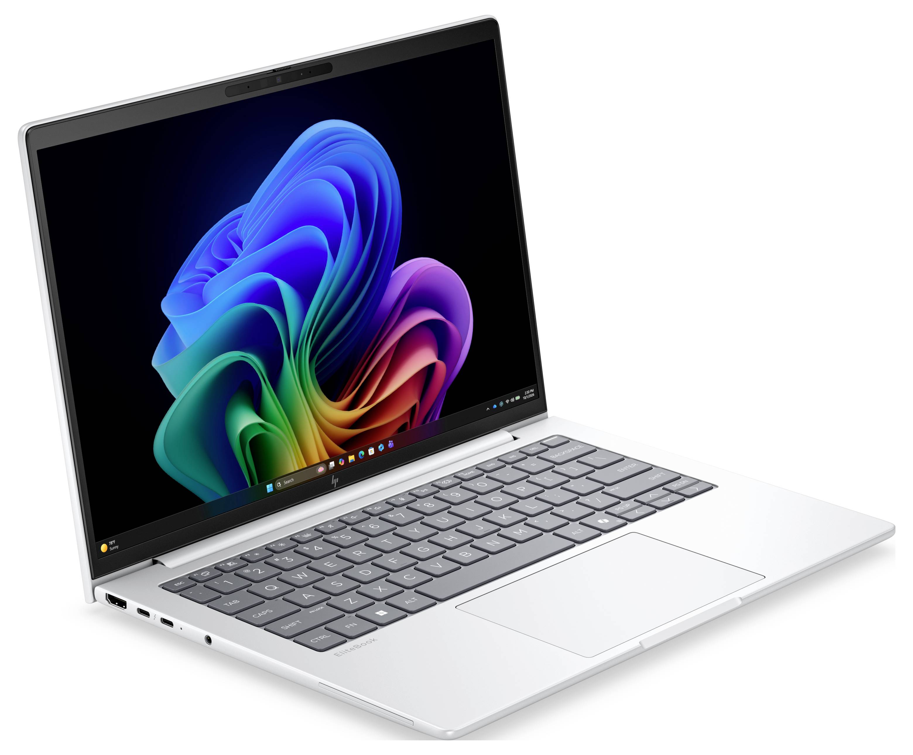 Silberner Windows-Laptop, der in einem Winkel aufgeklappt ist und auf dem Bildschirm ein buntes abstraktes Blumenmuster als Hintergrund angezeigt wird.