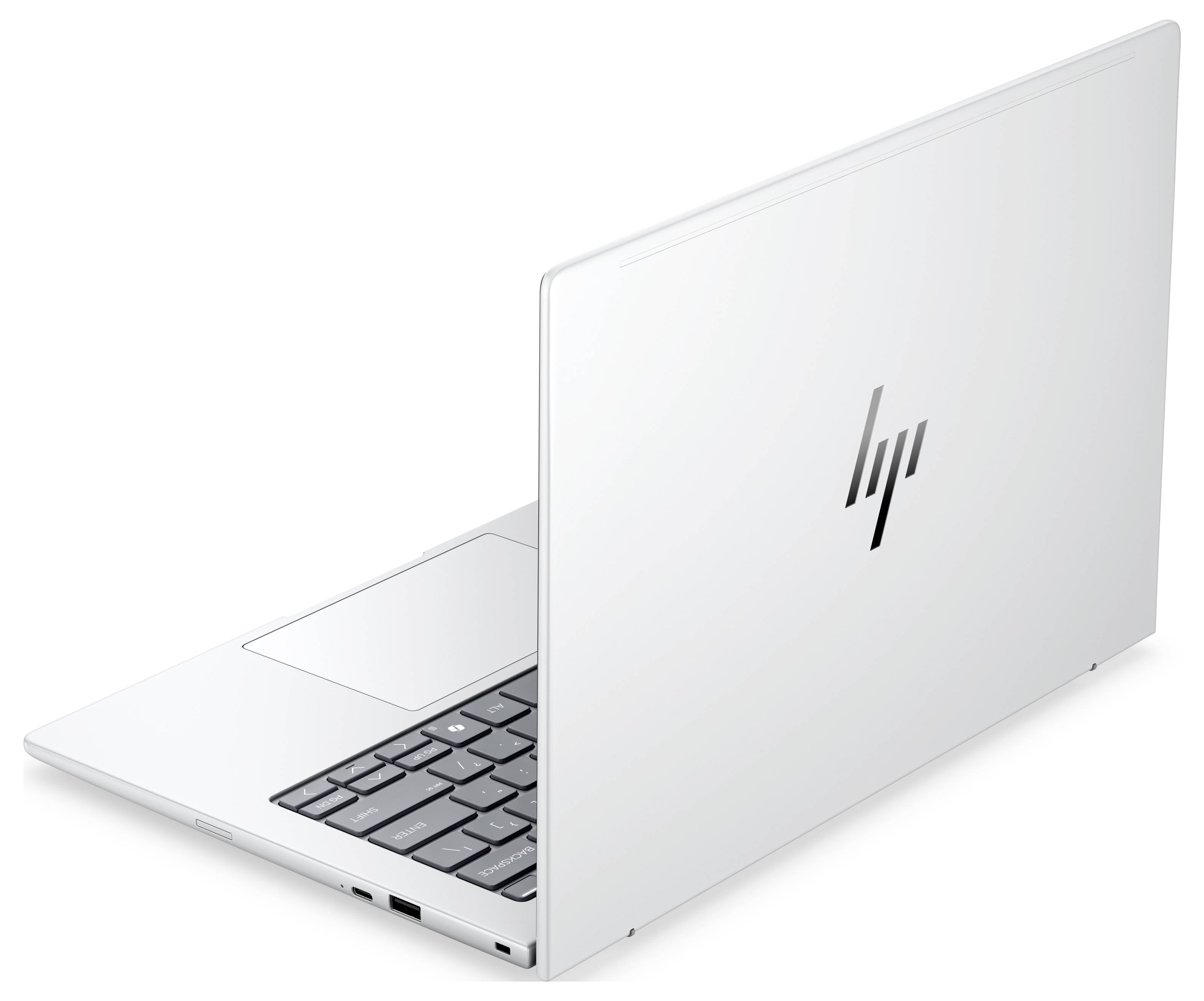 Silberner HP-Laptop, teilweise geöffnet, zeigt die Tastatur und das HP-Logo auf dem Deckel.