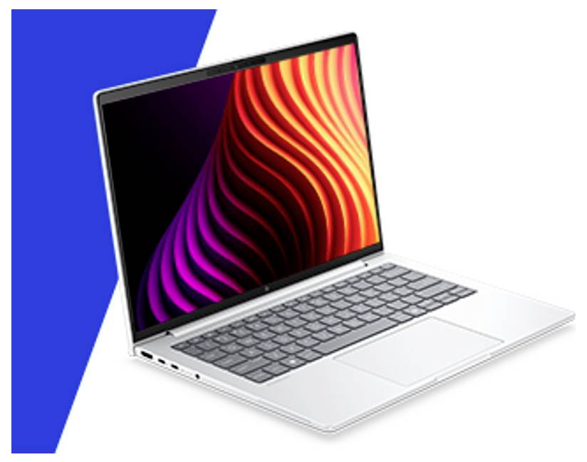Silberner Laptop mit abstraktem rot-, orange- und violettem Wellenhintergrund auf weißem Hintergrund mit blauem geometrischem Akzent.