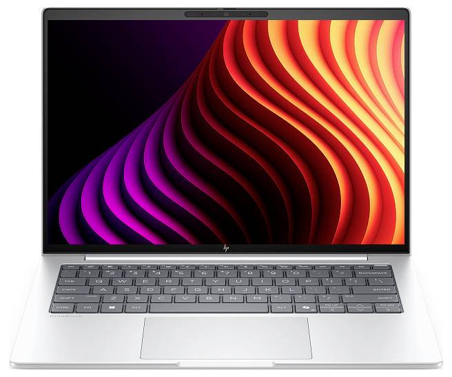 Silberner Laptop mit farbenfrohiem abstraktem Wellentapete auf dem Bildschirm und kompakter Tastatur, aufgeklappt vor weißem Hintergrund.