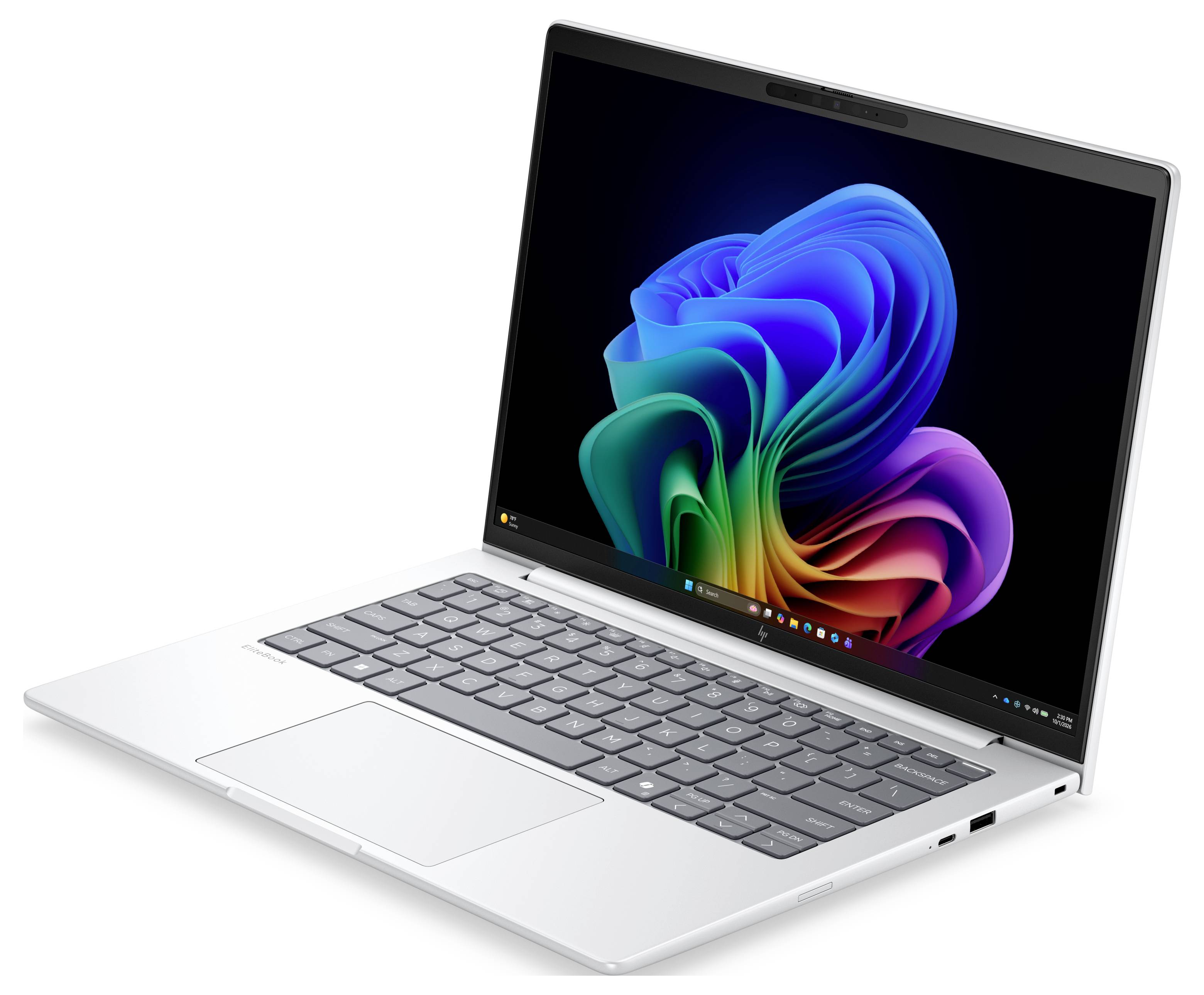 Silberner Laptop im aufgeklappten Zustand in einem Winkel positioniert, mit einem farbenfrohen abstrakten Windows-ähnlichen Hintergrundbild auf dem Bildschirm.