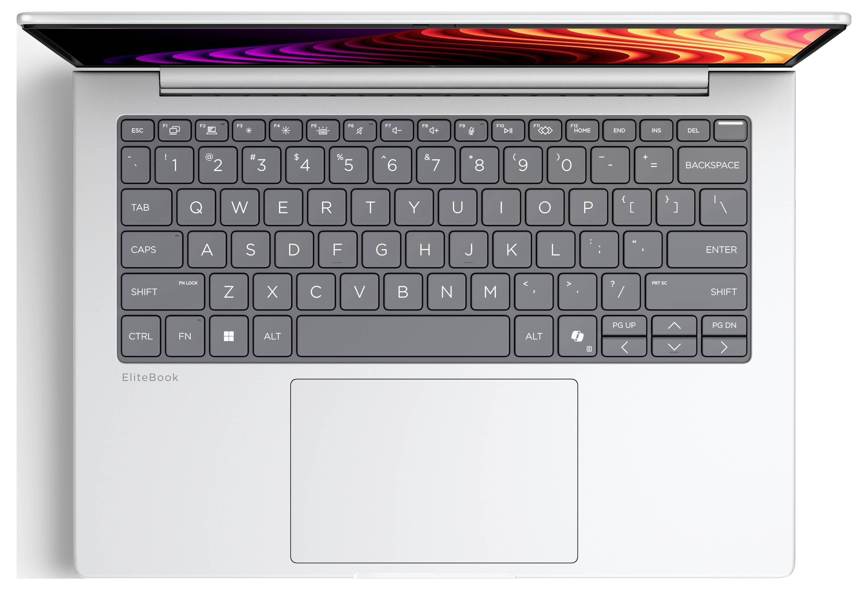 Draufsicht auf einen silbernen Laptop mit geöffnetem Bildschirm, der eine dunkle Tastatur und ein großes zentrales Trackpad zeigt.